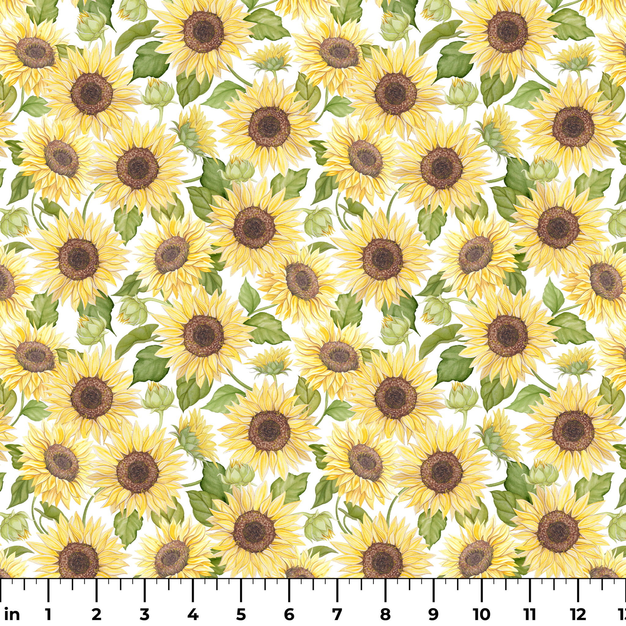 Watercolor-style packed sunflower pattern with yellow blooms and green leaves on a white background, designed by Nicole Tamarin. ruler