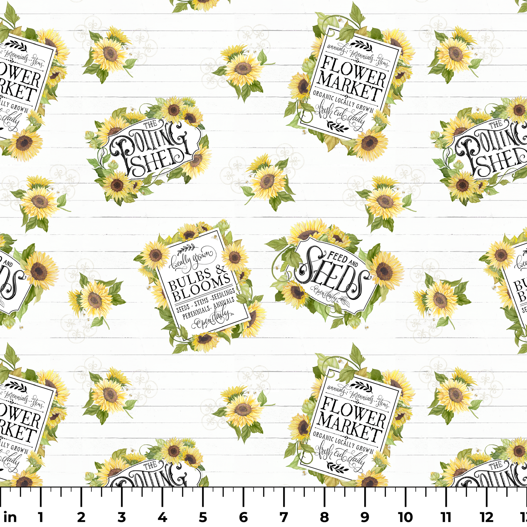 Watercolor sunflower clusters with vintage-style gardening labels on a white shiplap background, designed by Nicole Tamarin. ruler