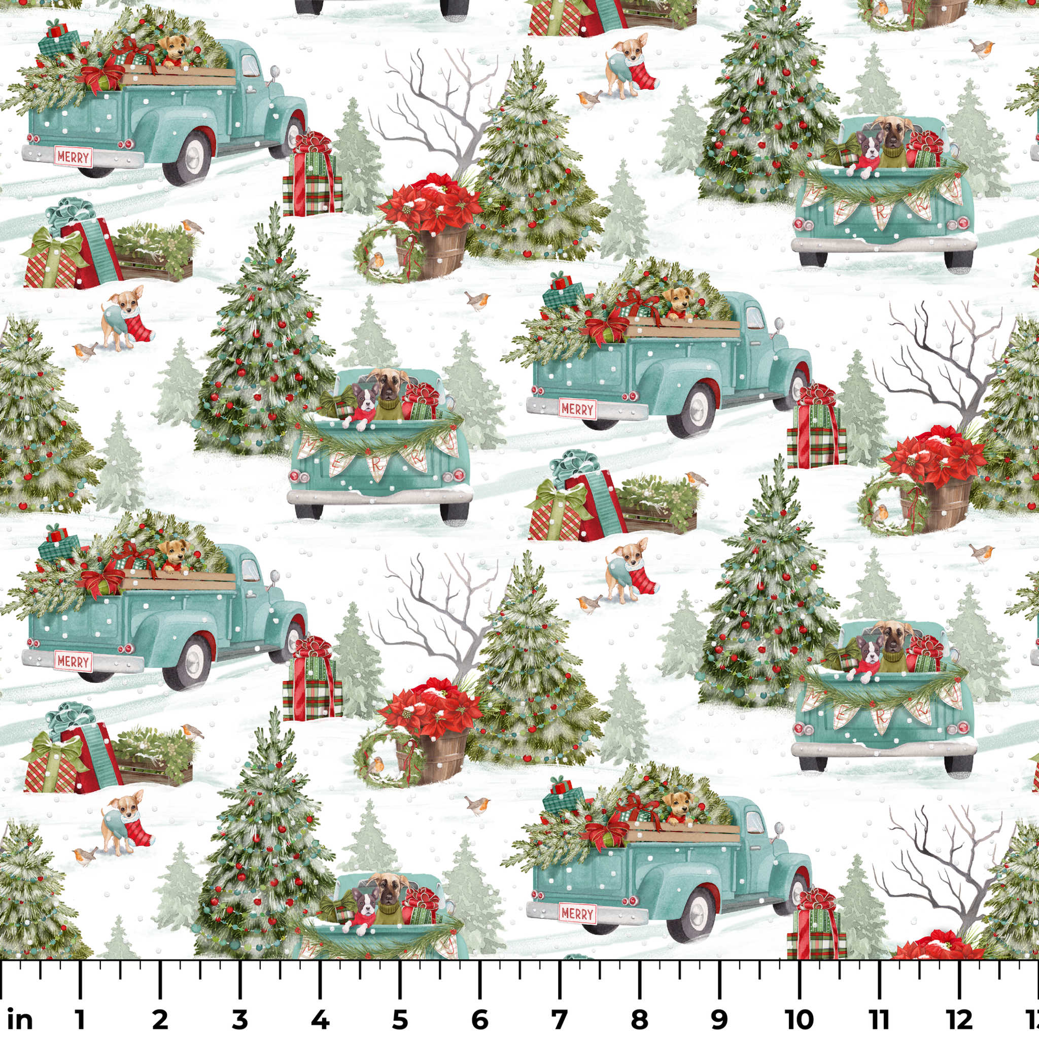 Vintage-style holiday fabric by Nicole Tamarin featuring teal trucks with Christmas trees, dogs, snow, and gifts in a festive winter landscape. ruler