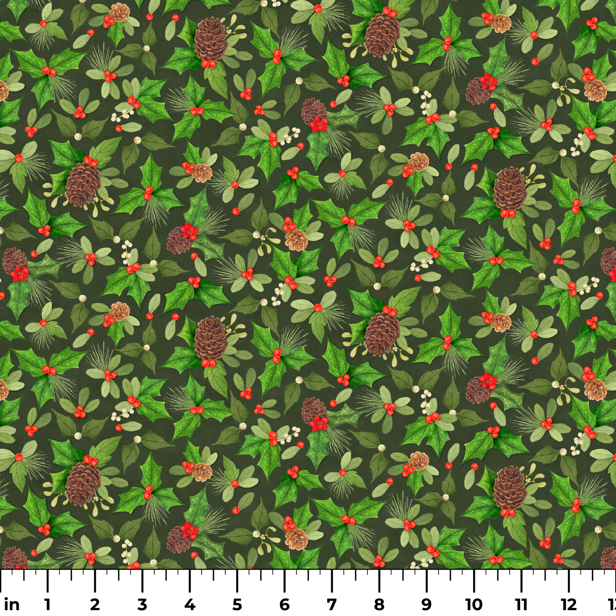 Seamless holiday pattern by Nicole Tamarin featuring pinecones, holly, red berries, and green foliage on a dark green background. ruler