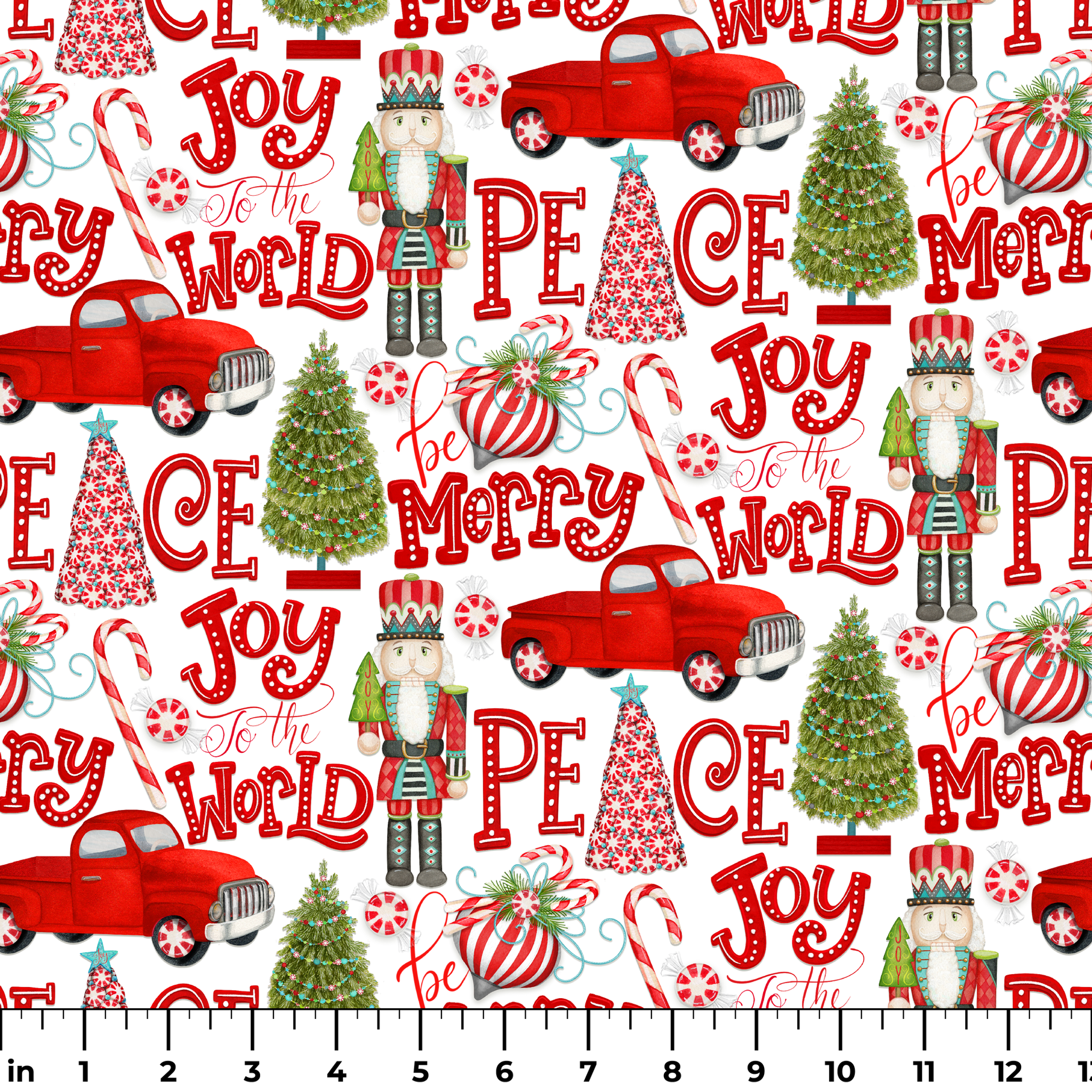 Holiday pattern featuring red trucks, nutcrackers, candy canes, Christmas trees, and festive lettering on a white background by Nicole Tamarin. ruler