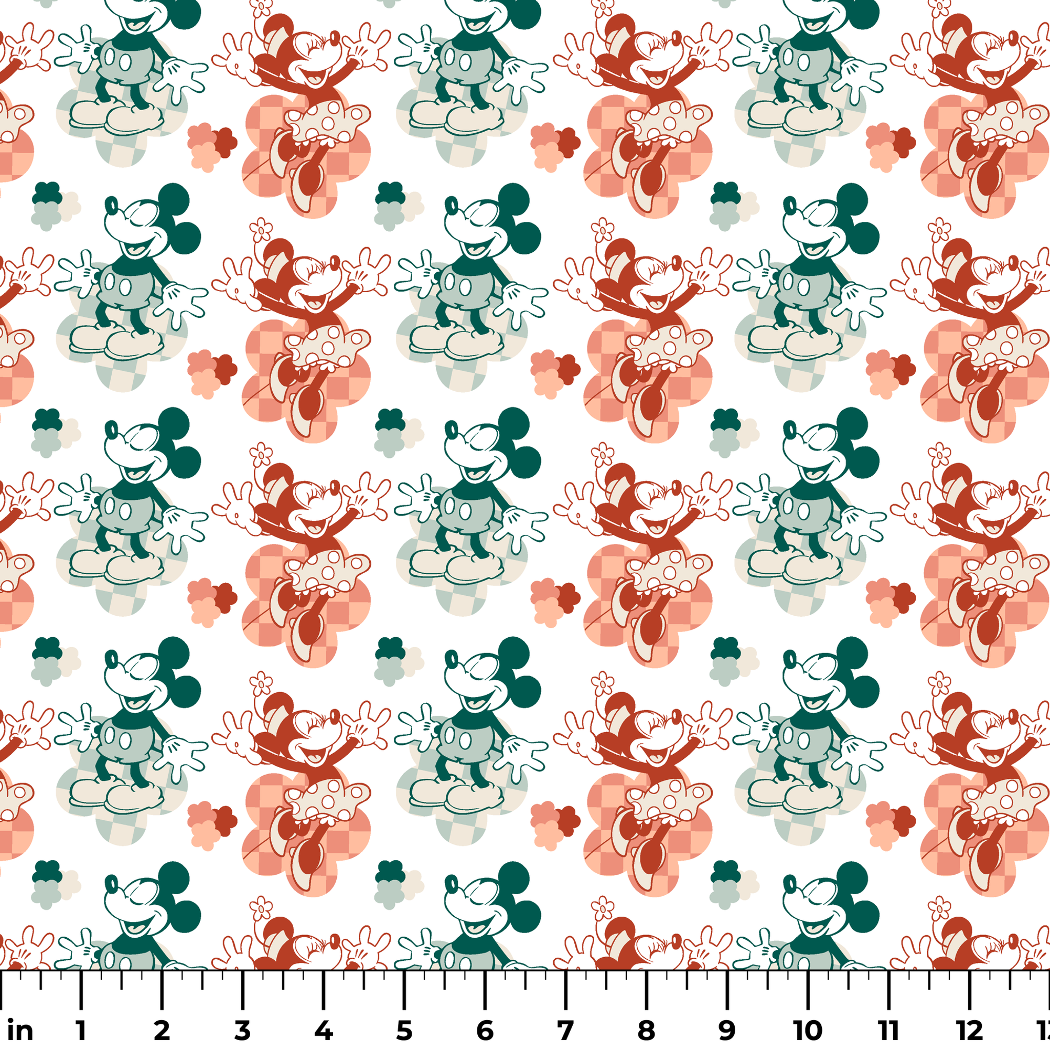 Repeating pattern of vintage-style cartoon characters in green and red-orange tones on white background ruler