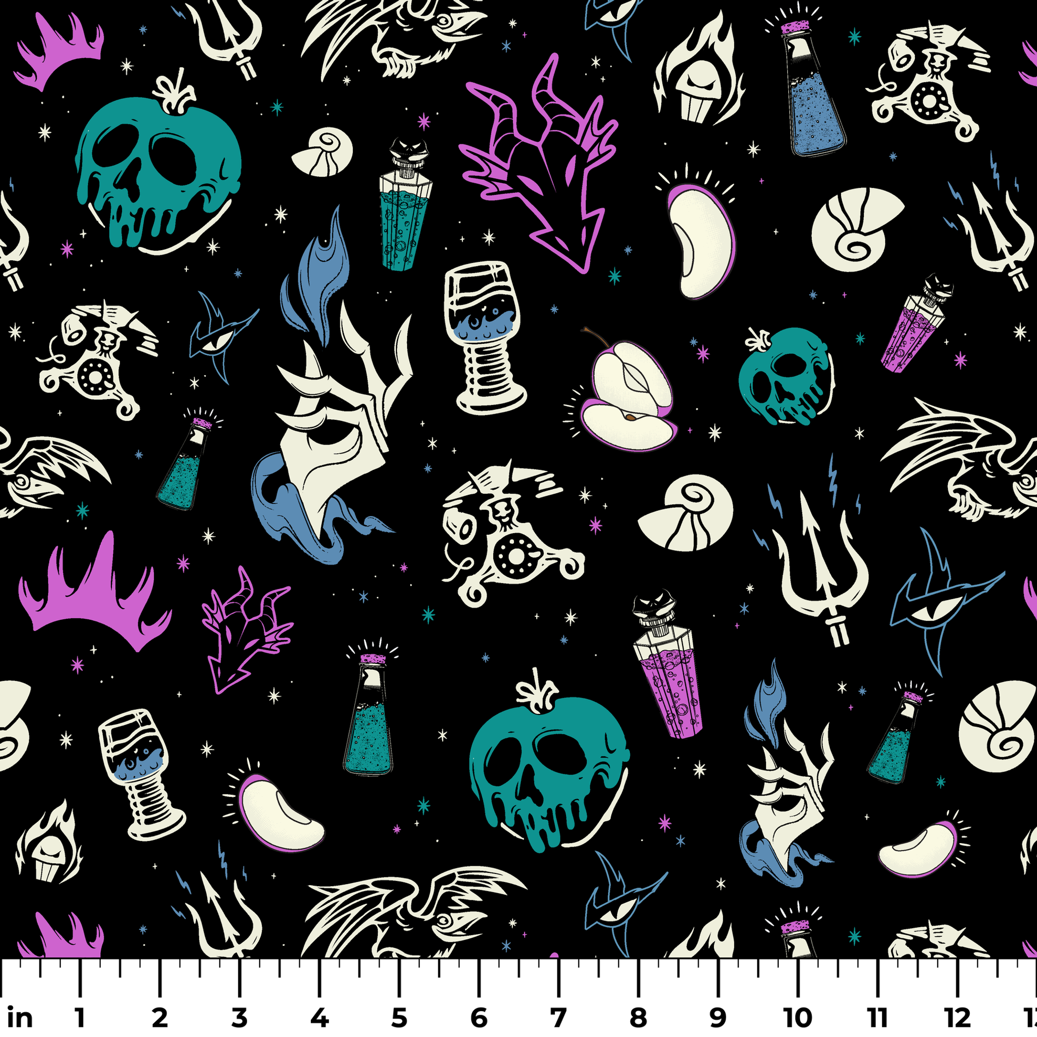 Gothic pattern with Disney villain-inspired icons like skulls, potions, and flames in teal, purple, and blue on black background. ruler