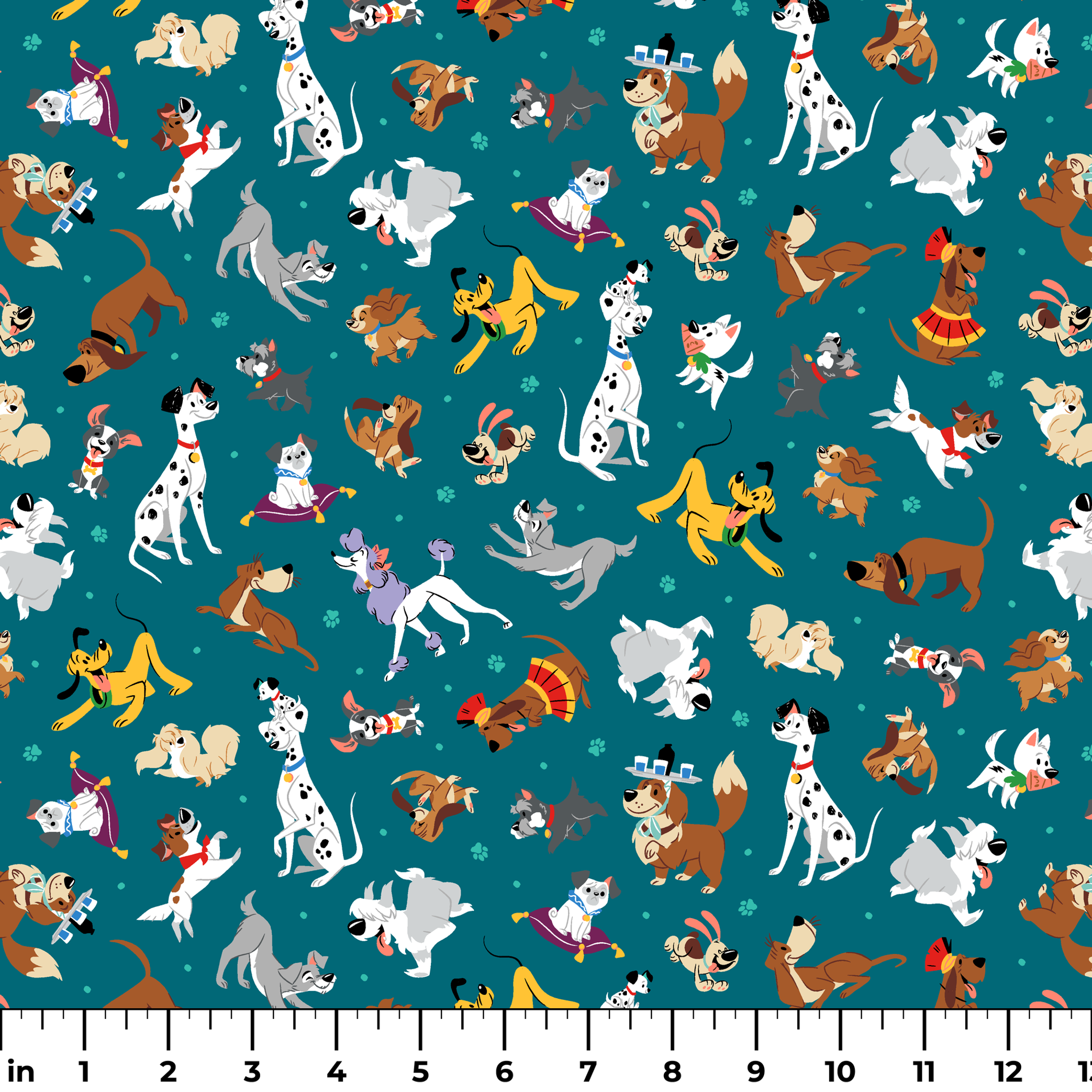 Teal pattern featuring Disney cartoon dogs like Dalmatians, Pluto, Lady and the Tramp, Copper, and other animated pups. ruler