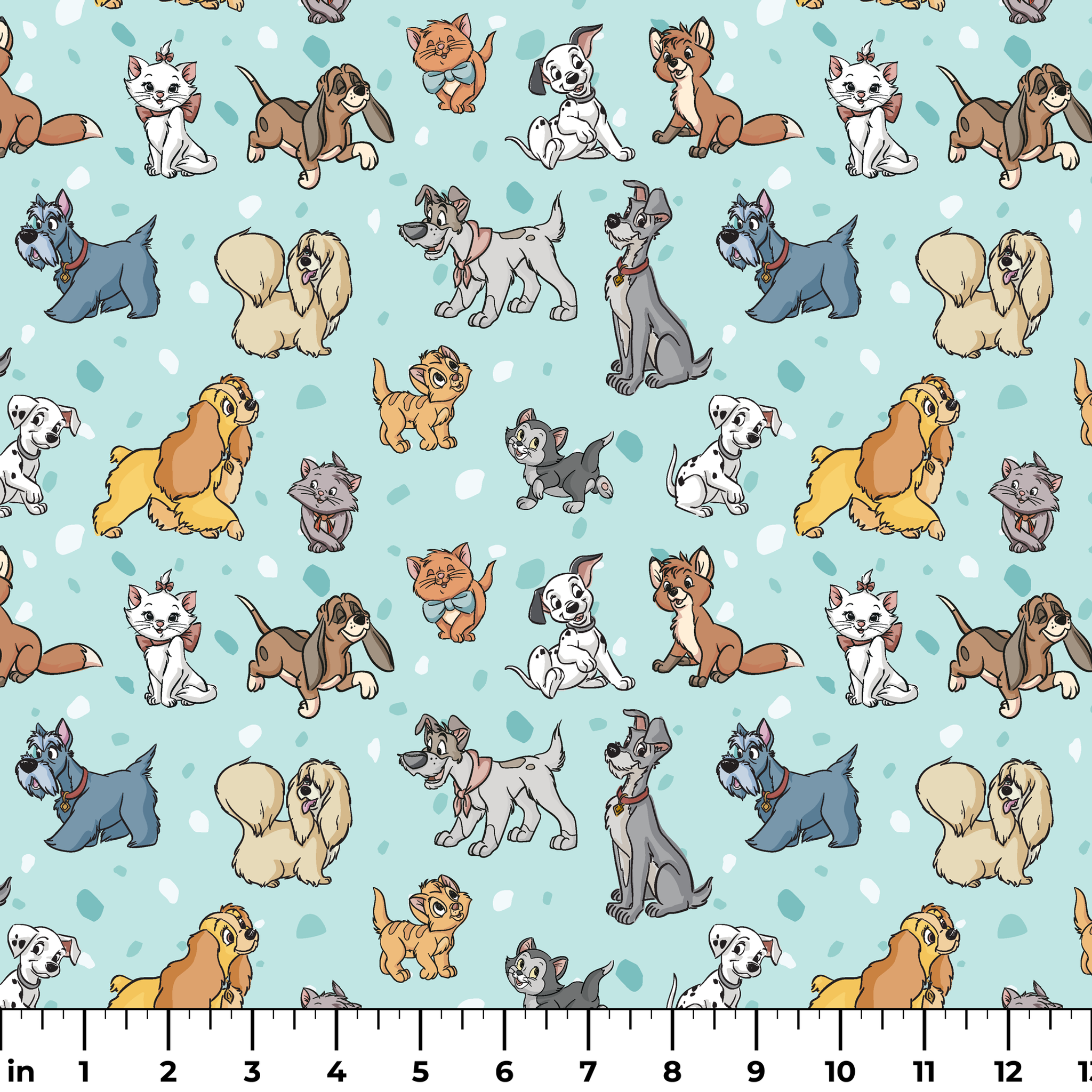 Cartoon-style Disney dogs and cats on a light blue background with scattered spots. ruler