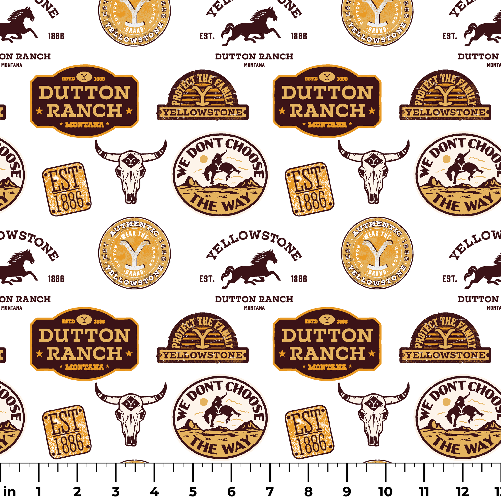 Western patch-style design featuring Dutton Ranch and Yellowstone badges in rustic tones. Great for quilting, crafts, and cowboy-inspired decor. ruler