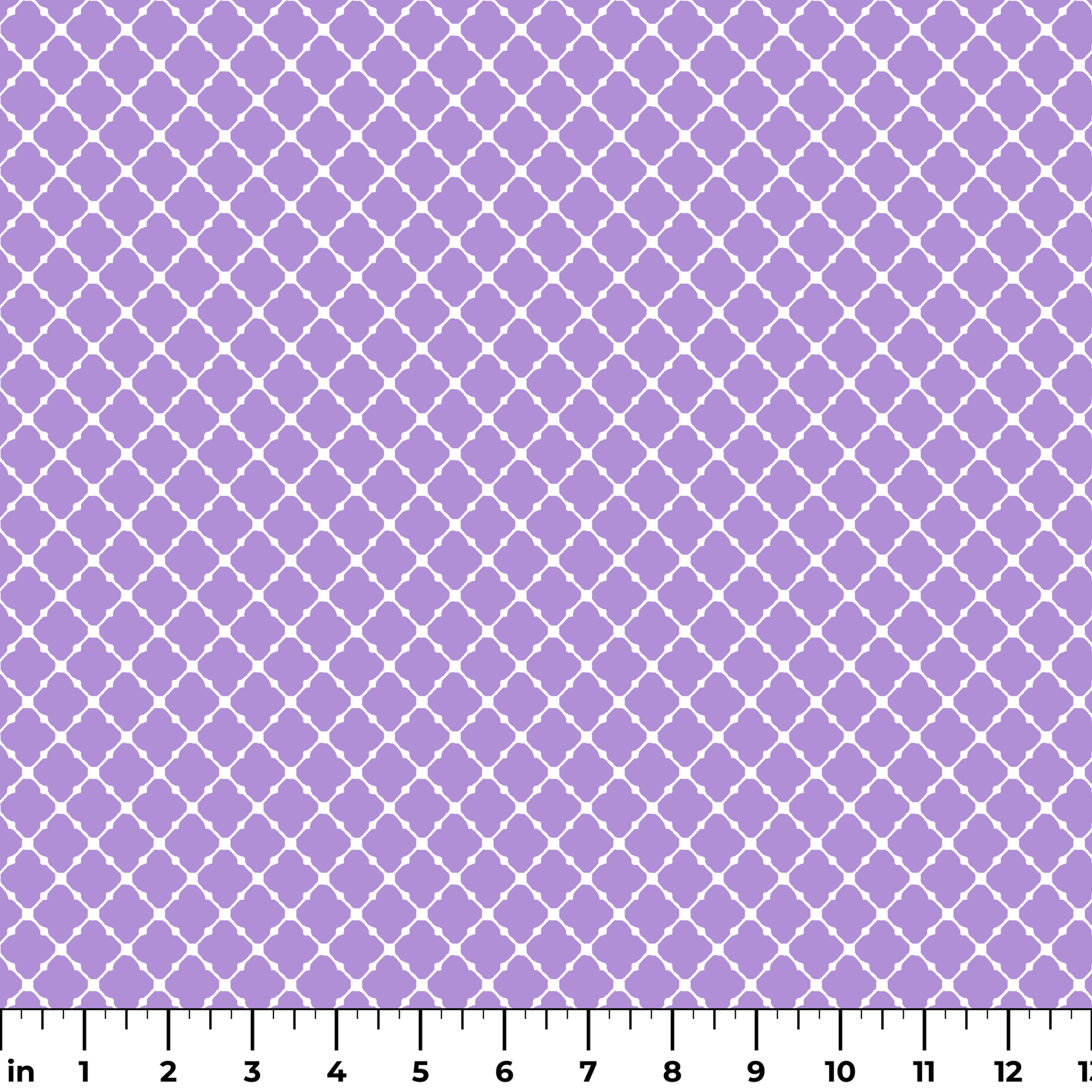 Purple quatrefoil pattern with white lattice grid on lavender background ruler