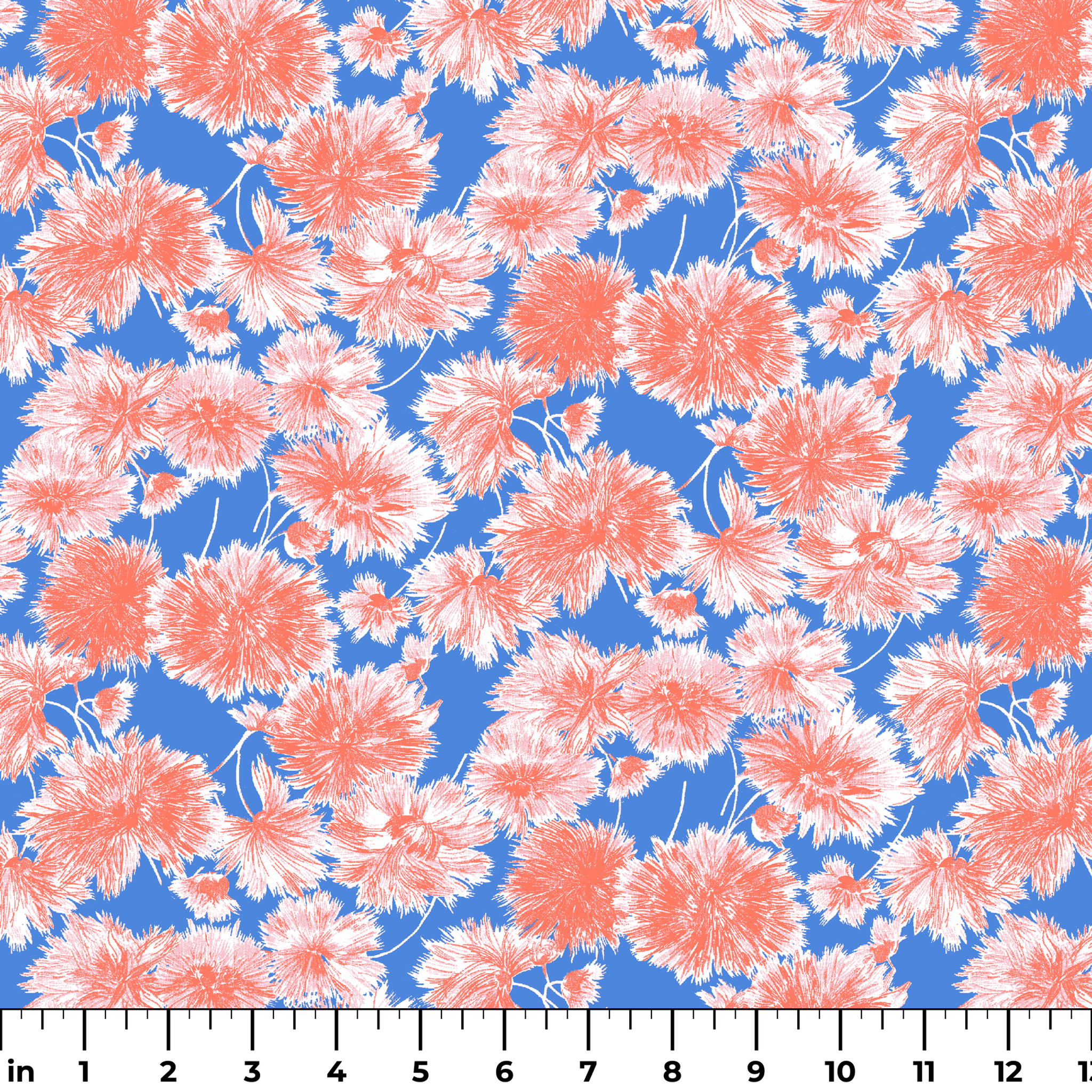 Coral pink floral pattern of chrysanthemums or dahlias on bright blue background ruler