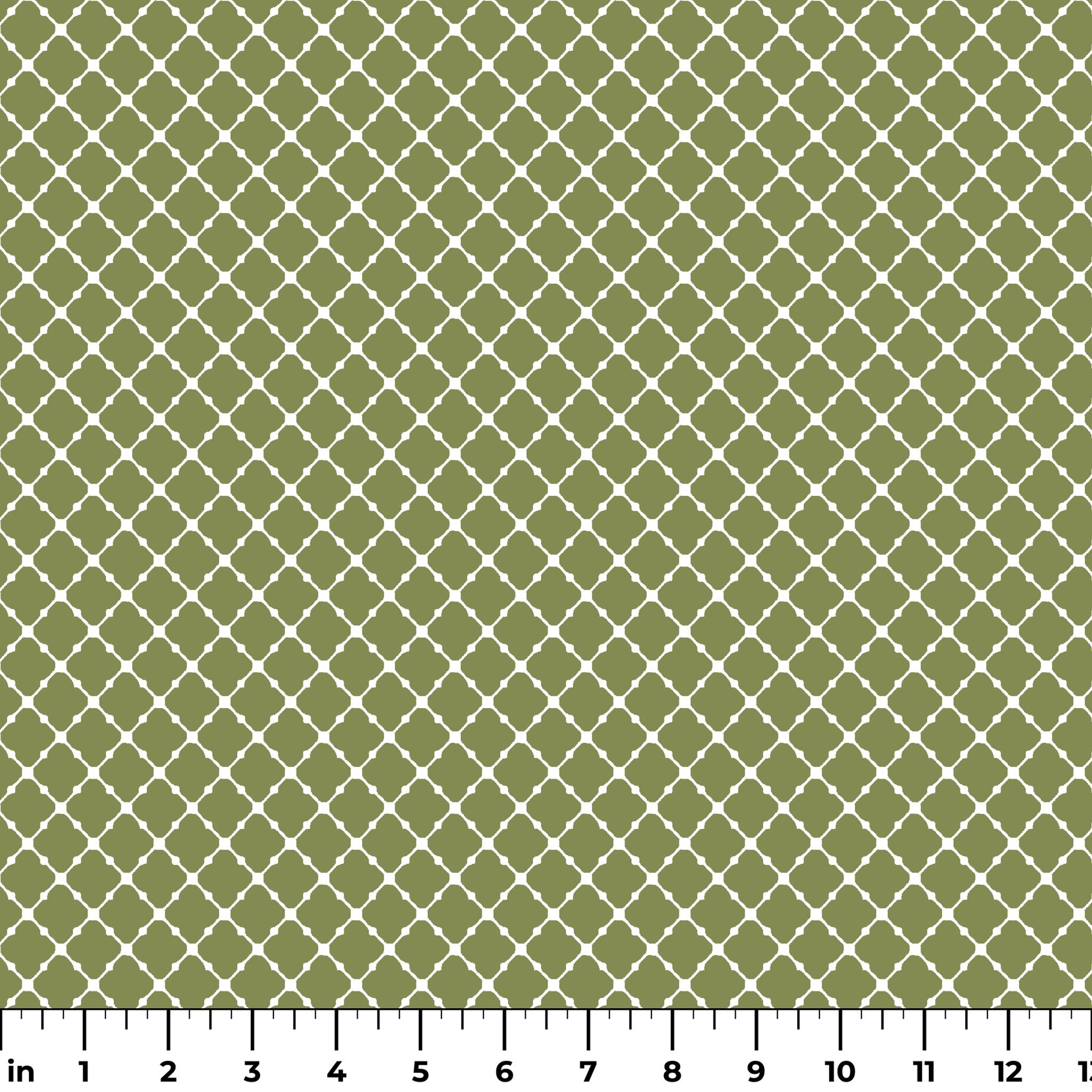 Sage green quatrefoil pattern with white lattice lines forming a Moroccan-style geometric design ruler