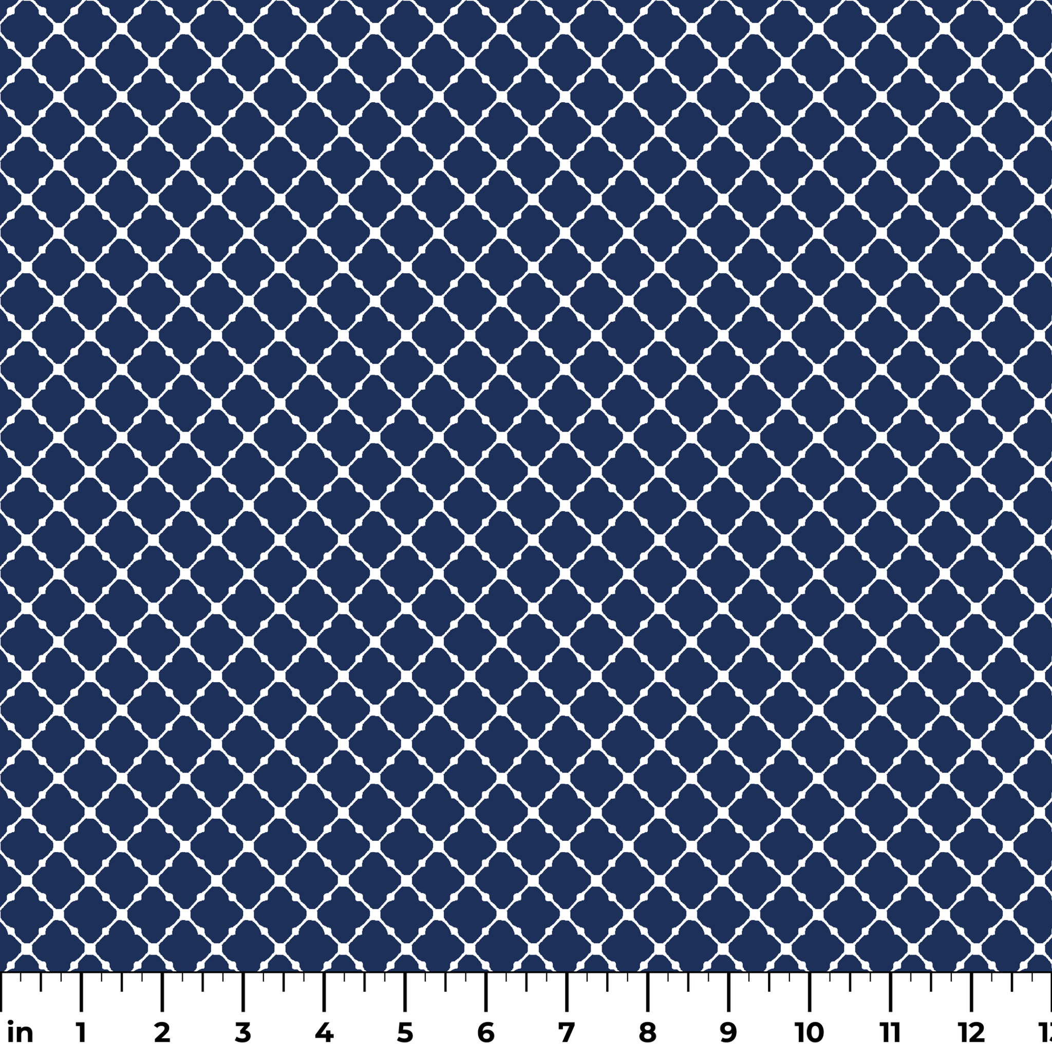 Navy blue quatrefoil pattern with white lattice design on dark background ruler