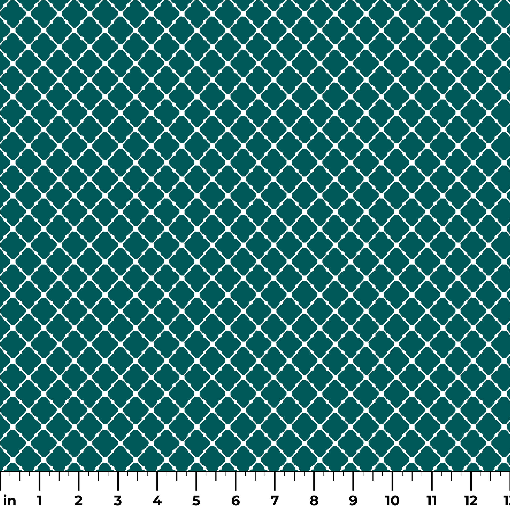 Dark teal quatrefoil pattern with white lattice outlines on a geometric background ruler