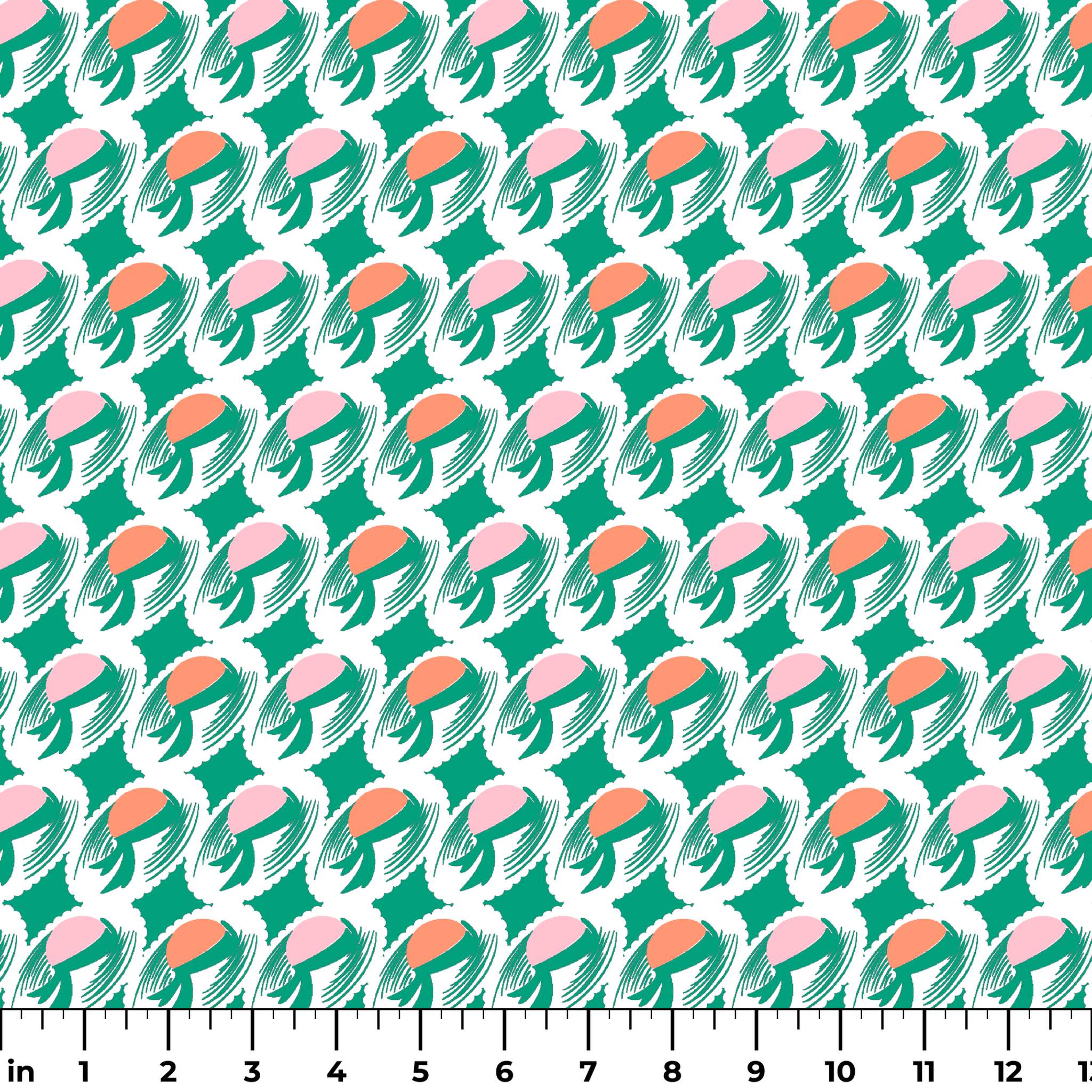 Abstract pattern with pink and orange oval shapes on green brushstroke backgrounds ruler
