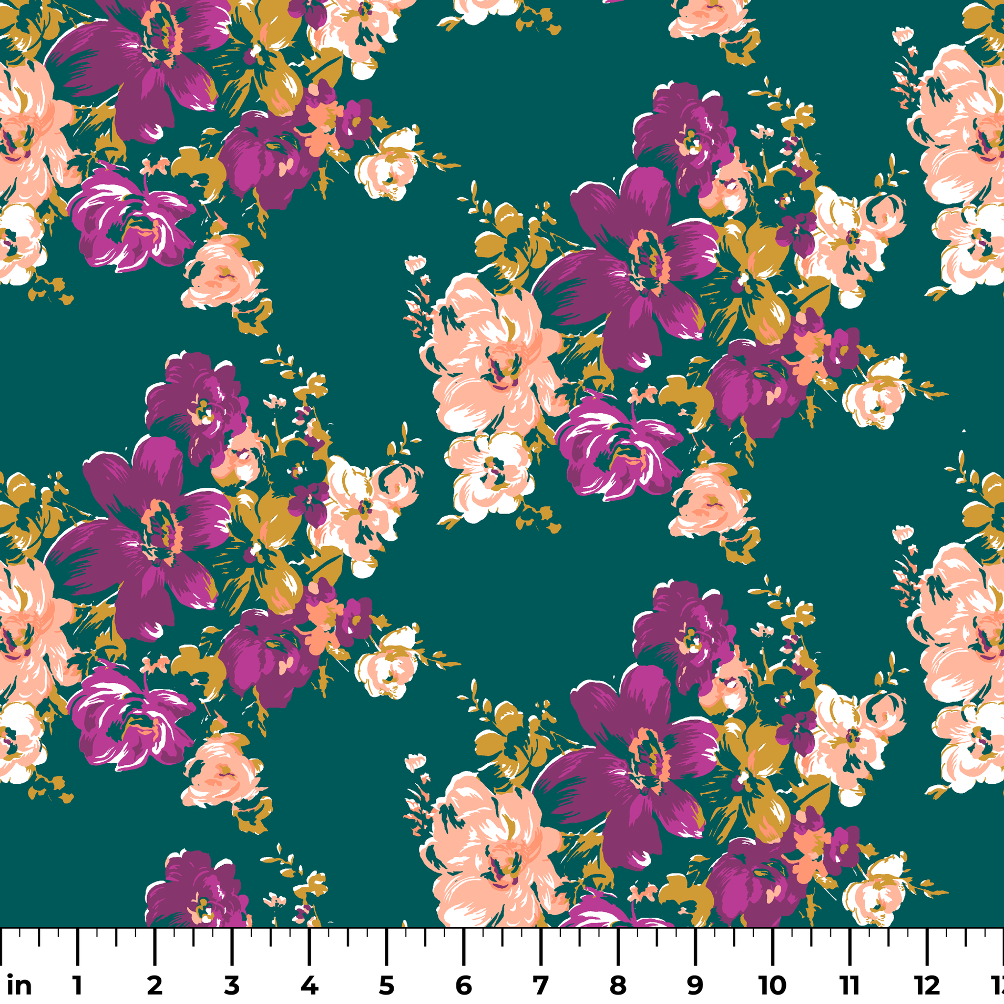 Vibrant floral pattern with purple and peach flowers on a deep teal background ruler