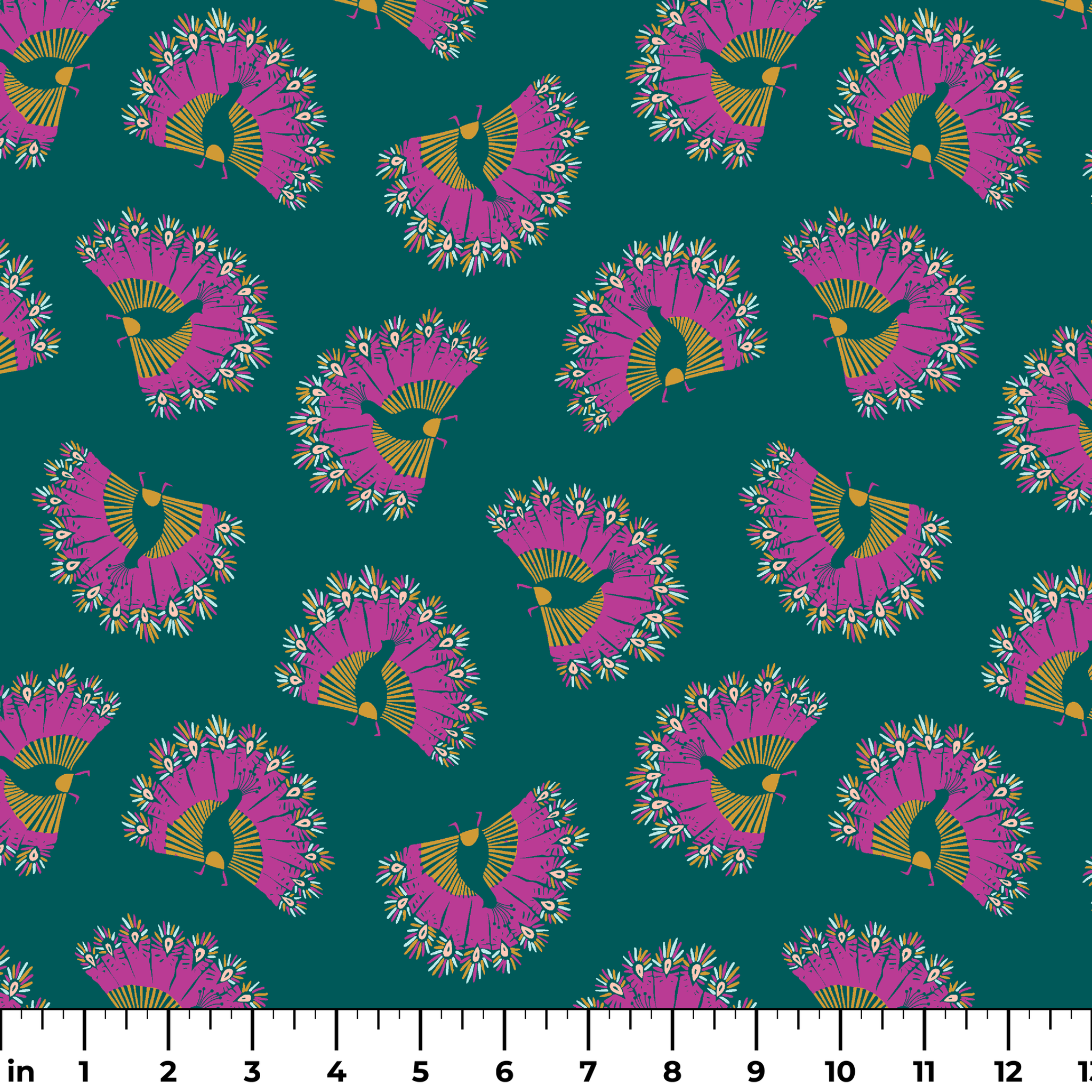 Vibrant pattern of pink circular bursts with yellow-green bird silhouettes on teal background ruler
