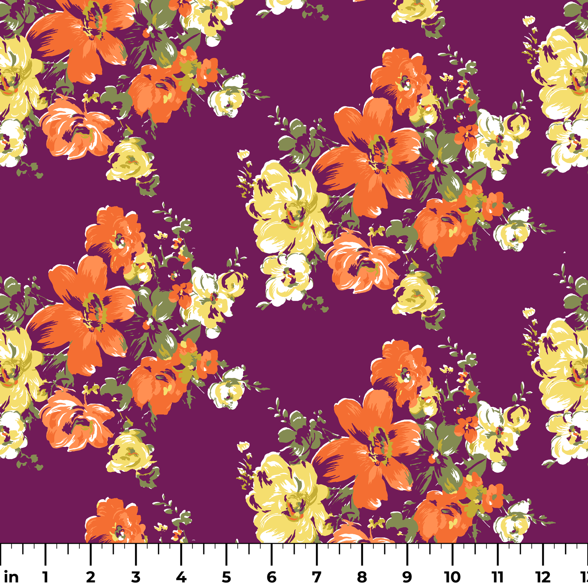 Vibrant floral pattern with orange and yellow blooms against a deep purple background ruler