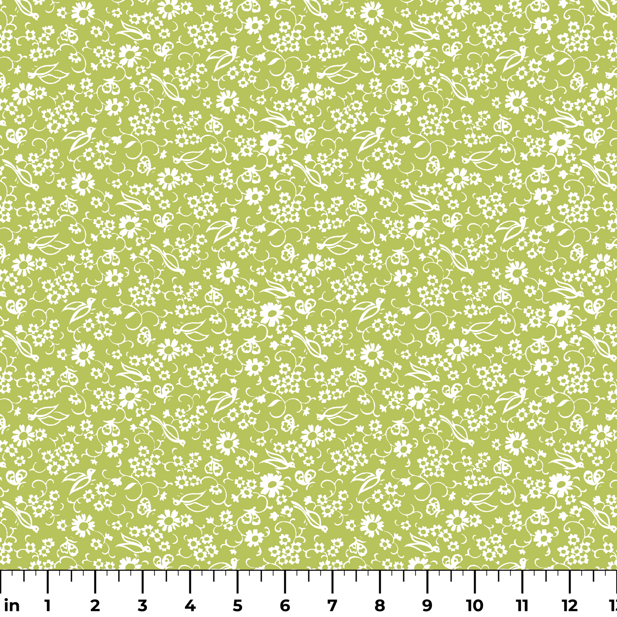 White bird and floral pattern on a vibrant lime green background. ruler