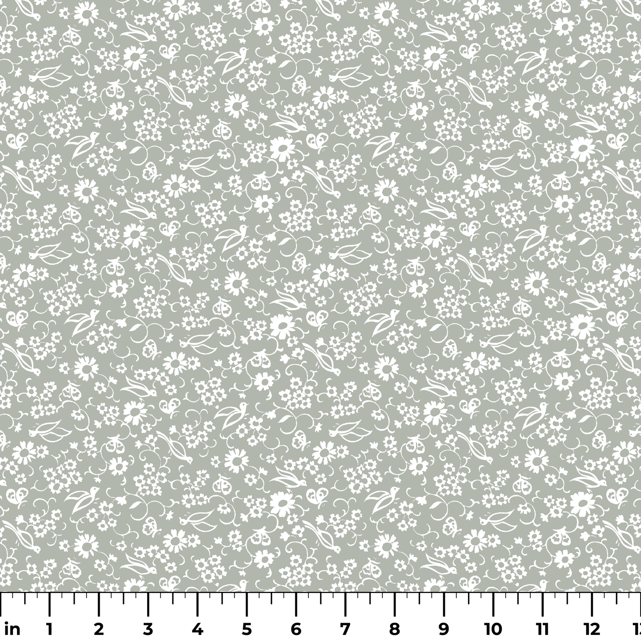White vintage-style bird and floral silhouettes on a soft gray background. ruler