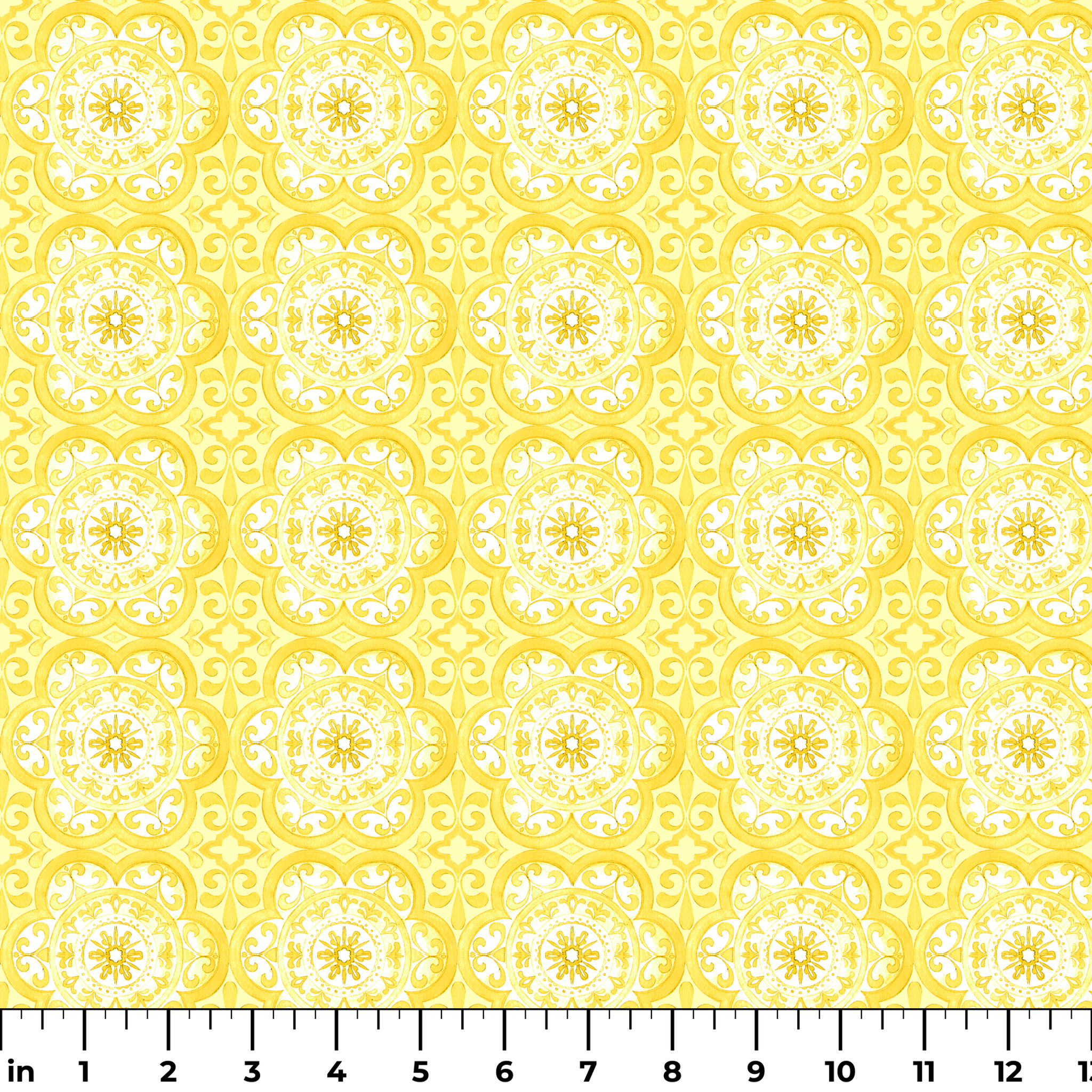 Bright yellow decorative pattern with white floral medallions in repeating ornamental design ruler