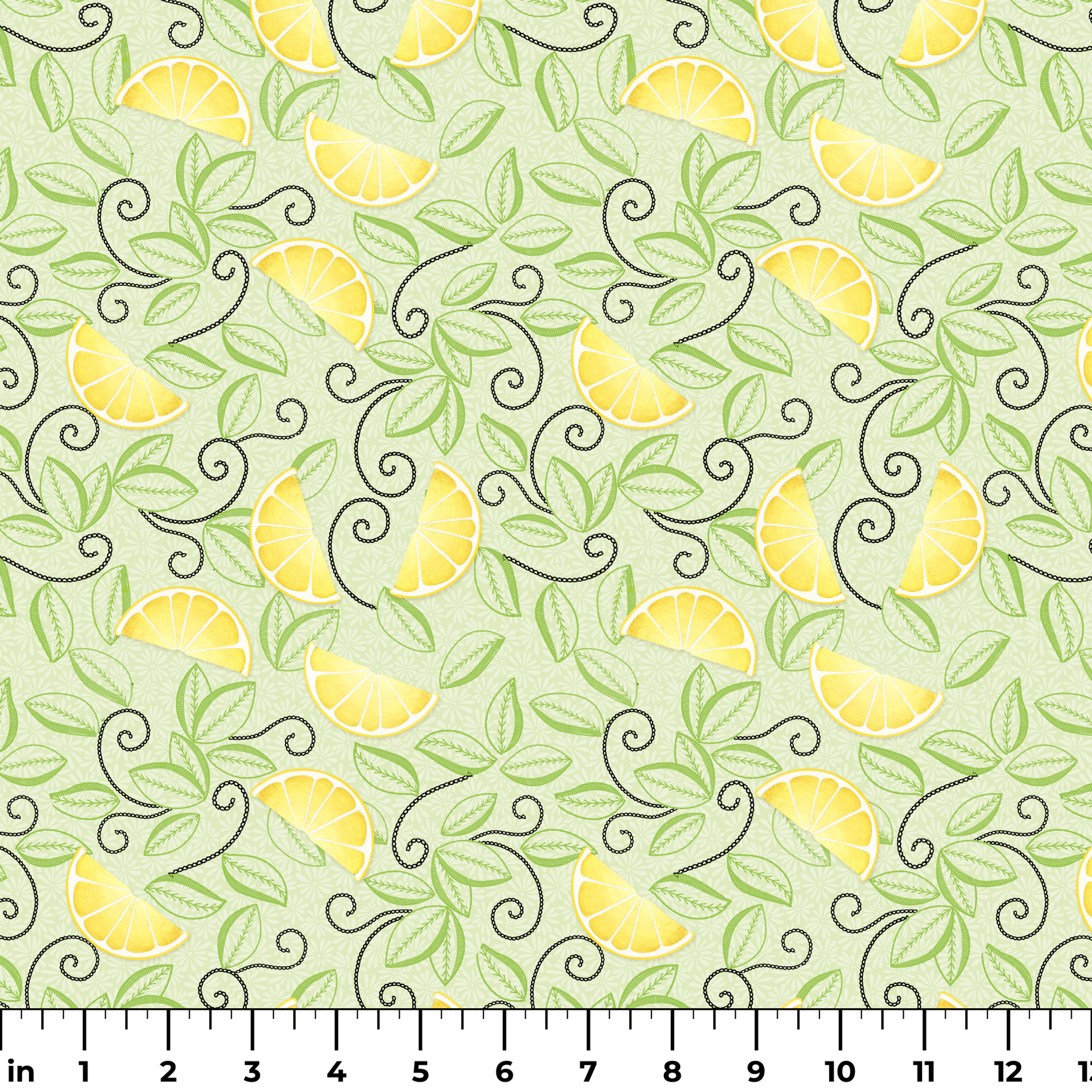 Yellow lemon slices with swirling green leaves on a soft green background in a playful, fresh layout. ruler