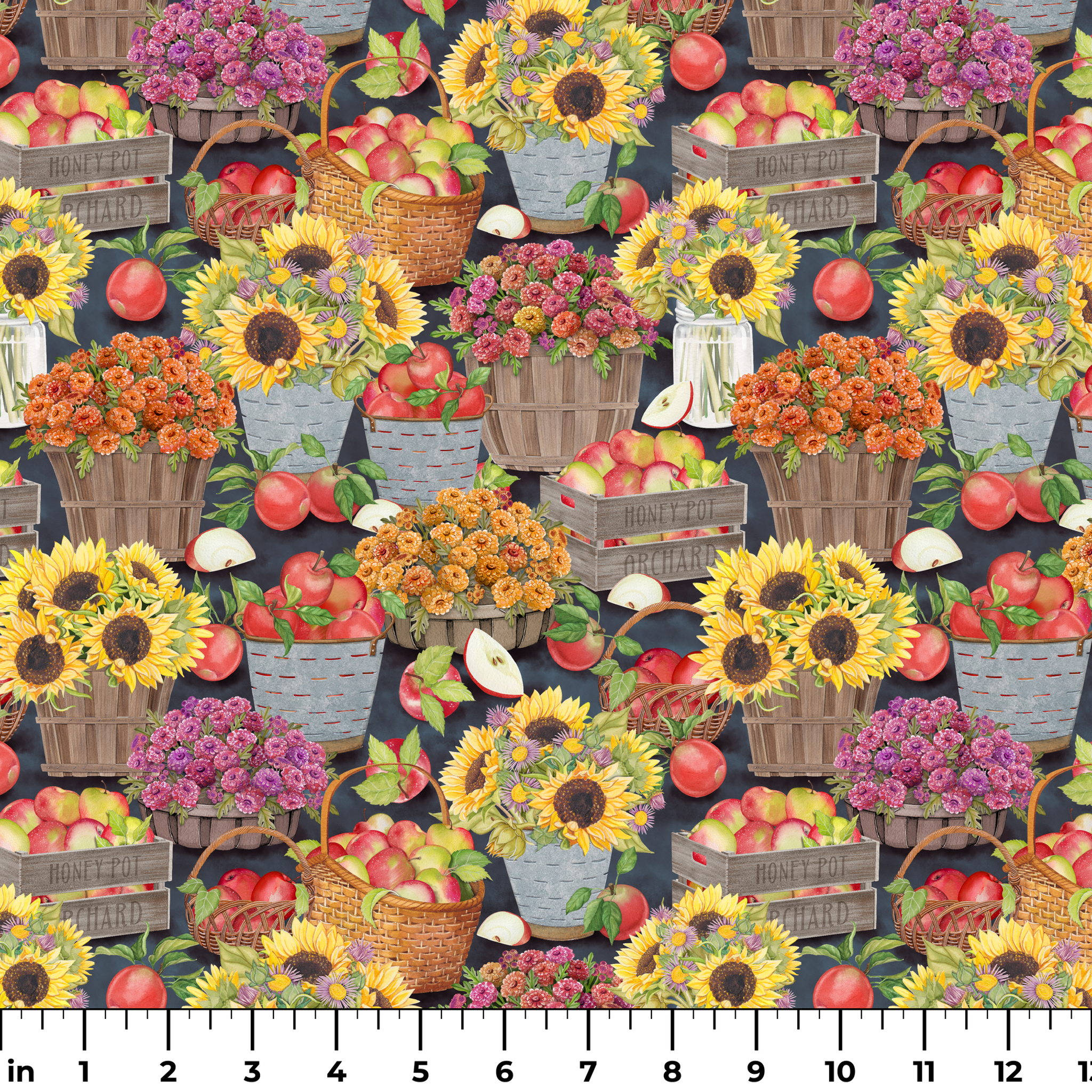 Colorful pattern of sunflowers, apples, and assorted flowers in rustic baskets and buckets ruler