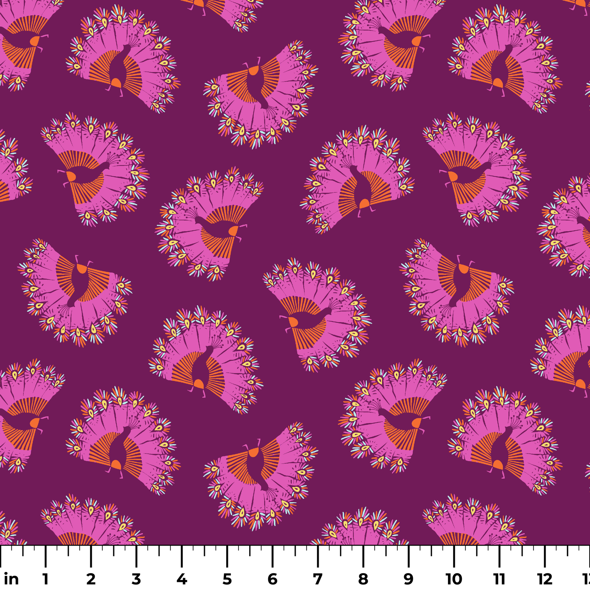 Decorative pattern with peacocks arranged in circular formations against a deep purple background ruler
