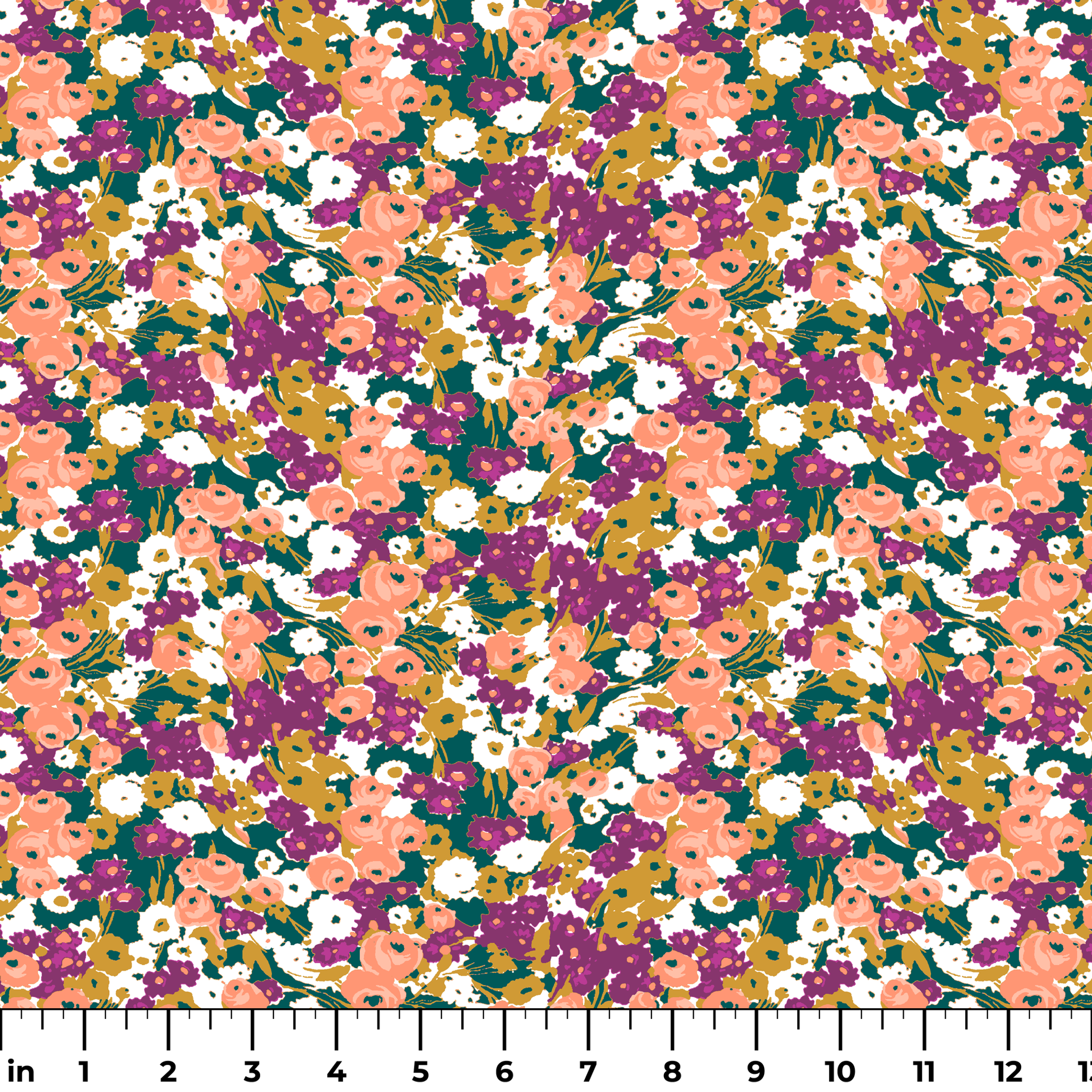 Vibrant floral pattern with peach, purple, white, and gold blooms against dark green foliage ruler