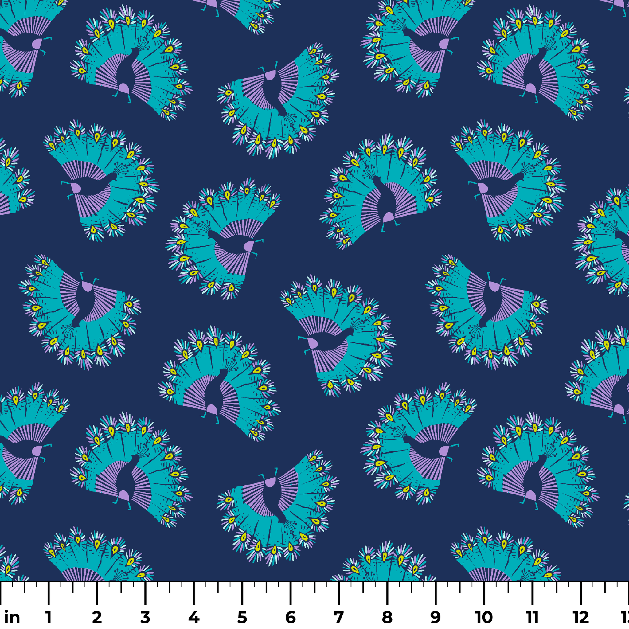 Vibrant peacock-inspired pattern with teal and purple fan shapes on blue background ruler