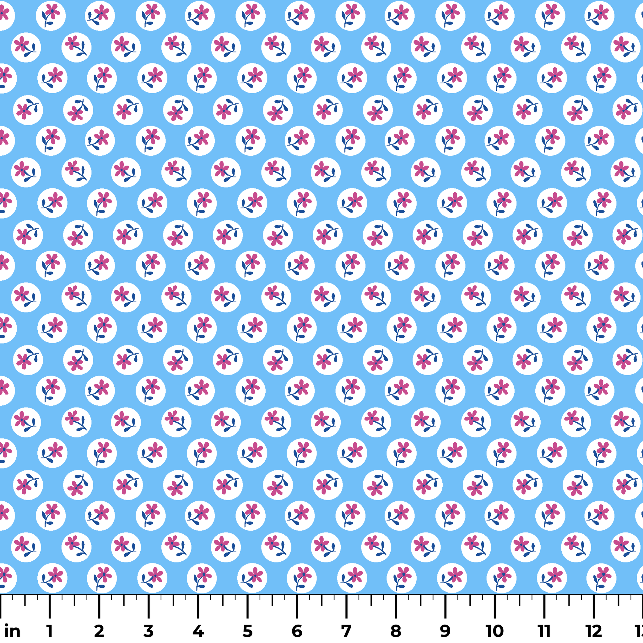 Purple flowers with blue stems inside white circles on light blue background pattern ruler