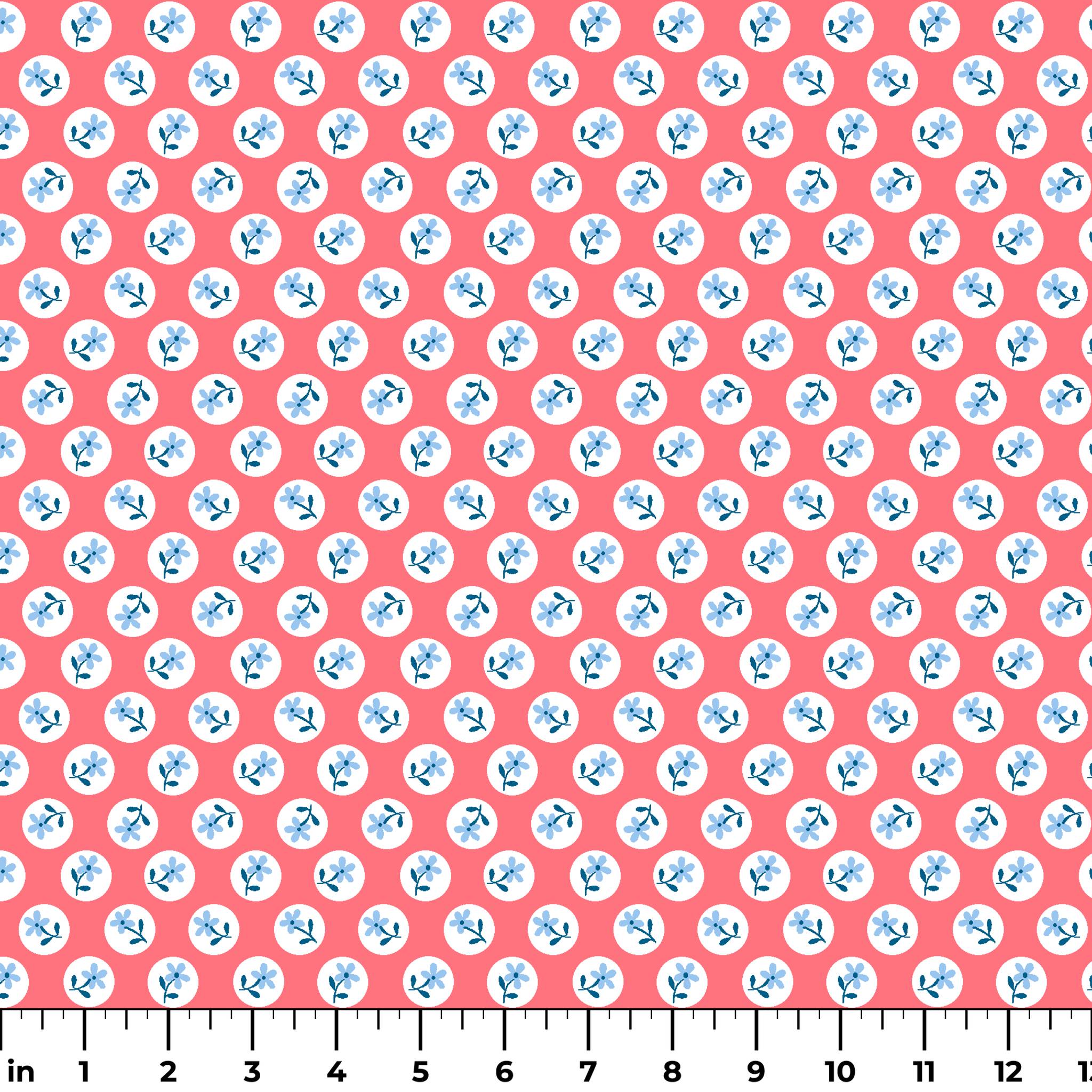 Coral pink background with white circles containing light blue floral designs arranged in a pattern ruler