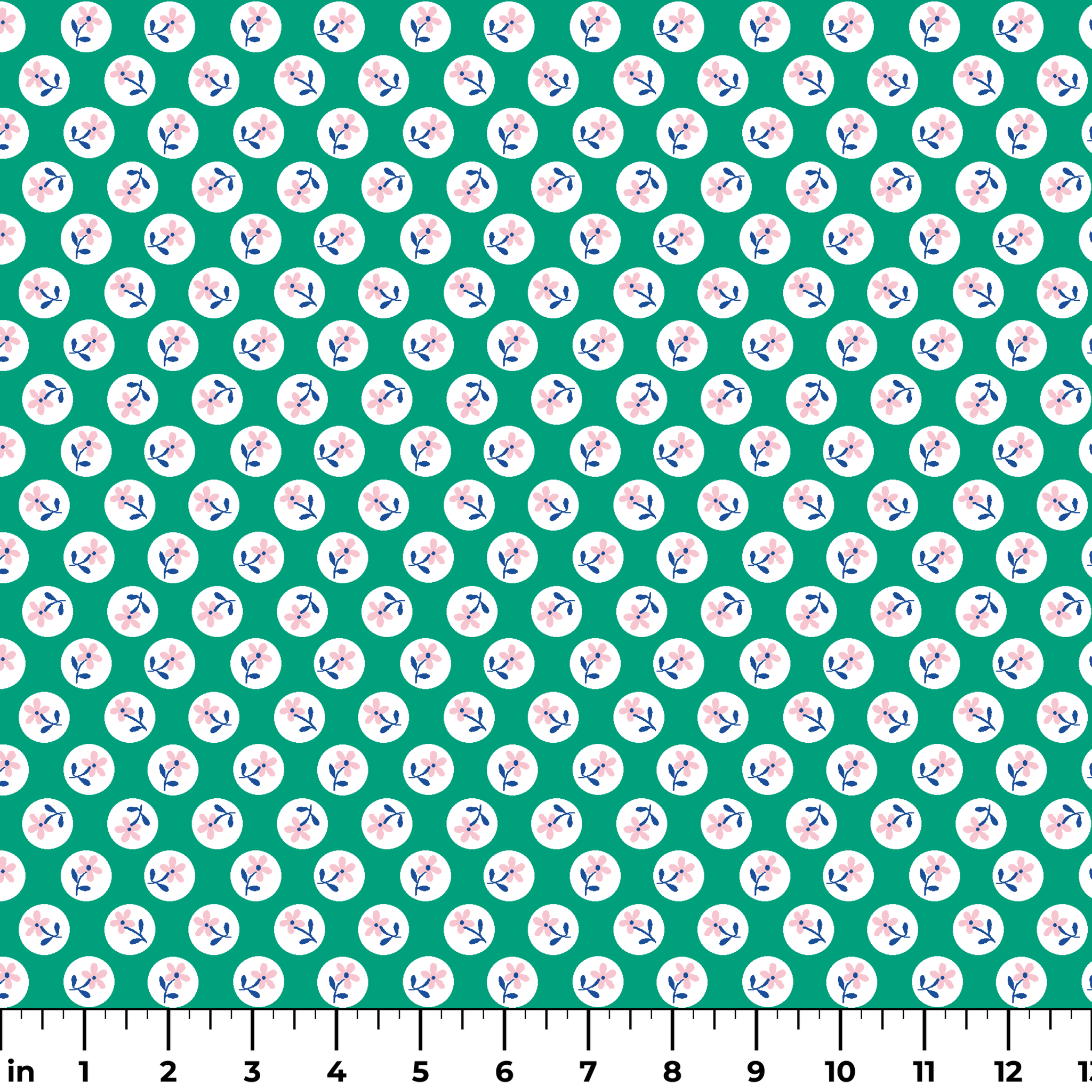 Pink flower motifs with blue stems on white circles against a green background ruler