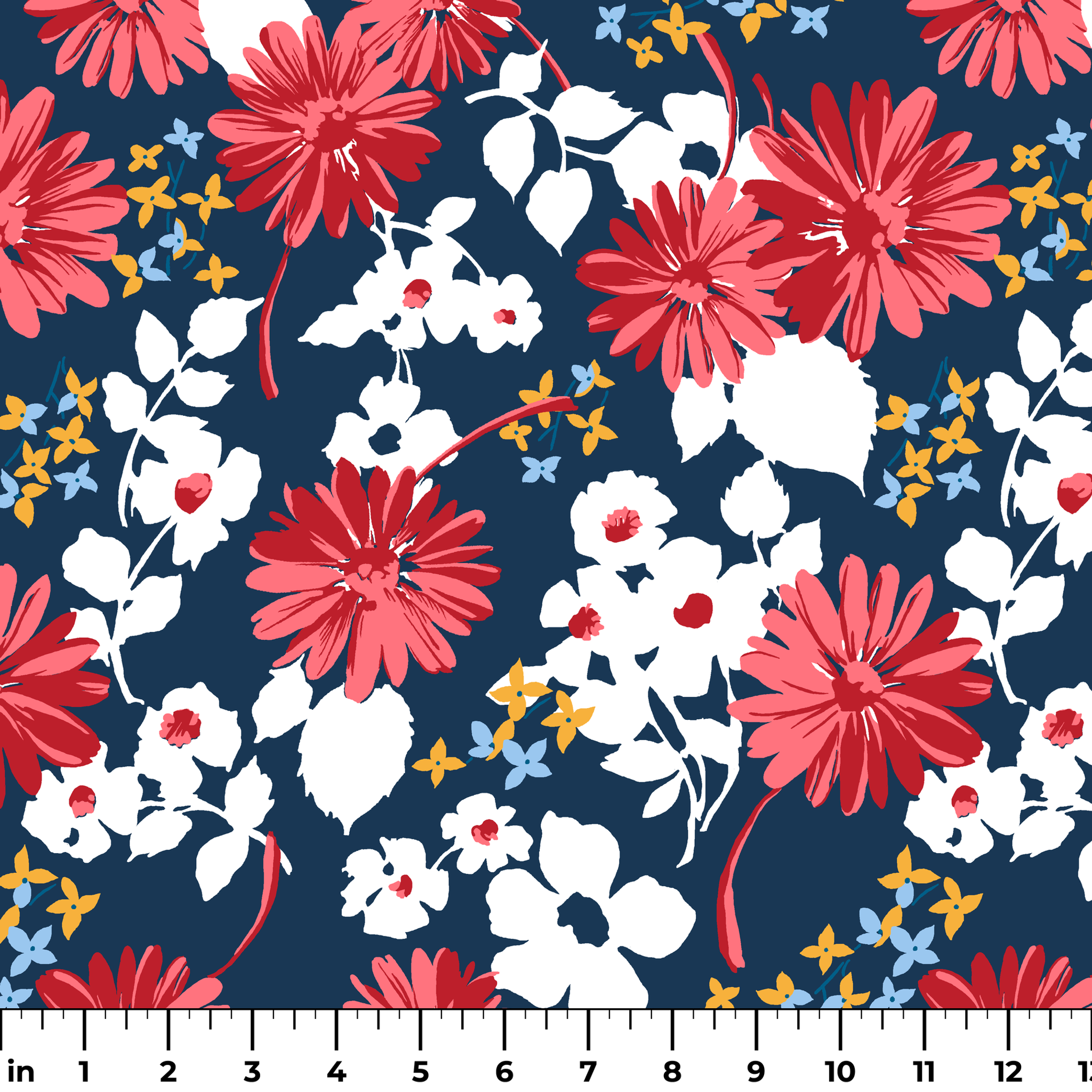 Vibrant floral pattern with red daisies and white flowers on navy background with small gold stars ruler