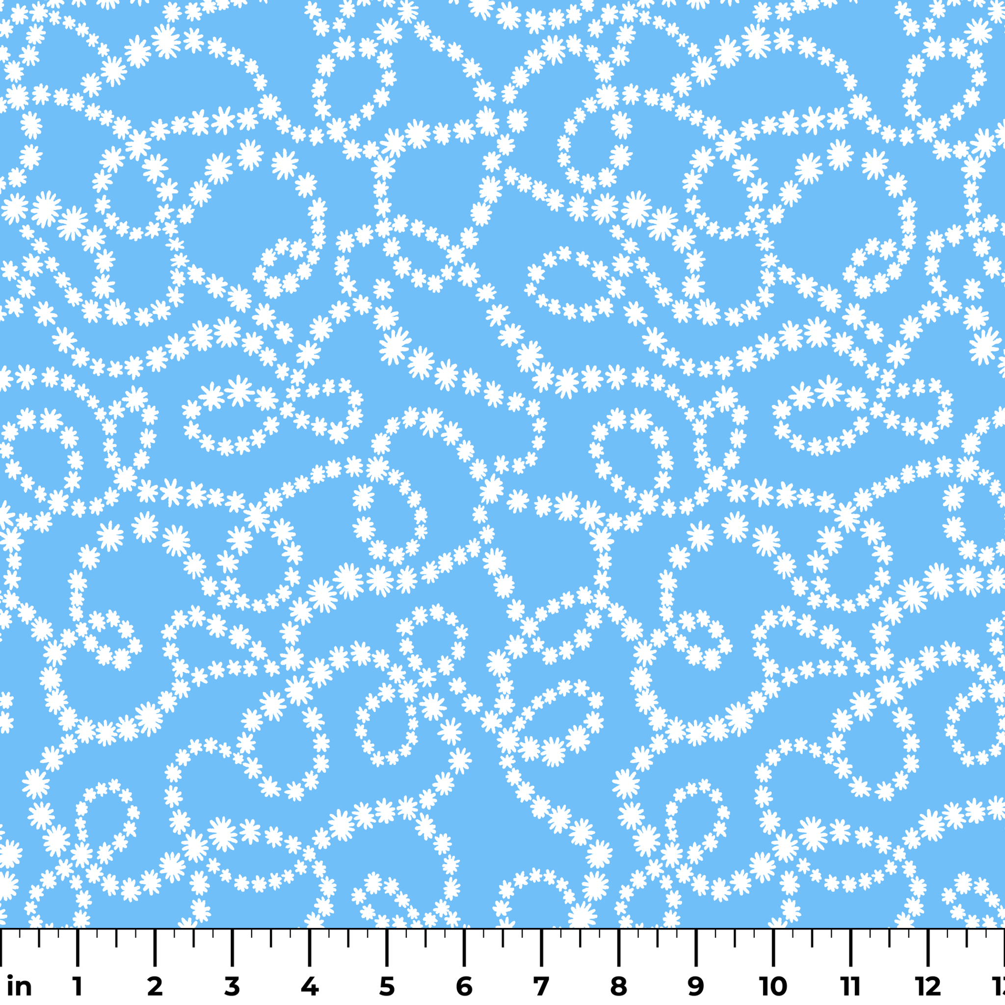 Sky blue background with swirling white dotted pattern resembling beaded strings or pearls arranged in curving lines ruler
