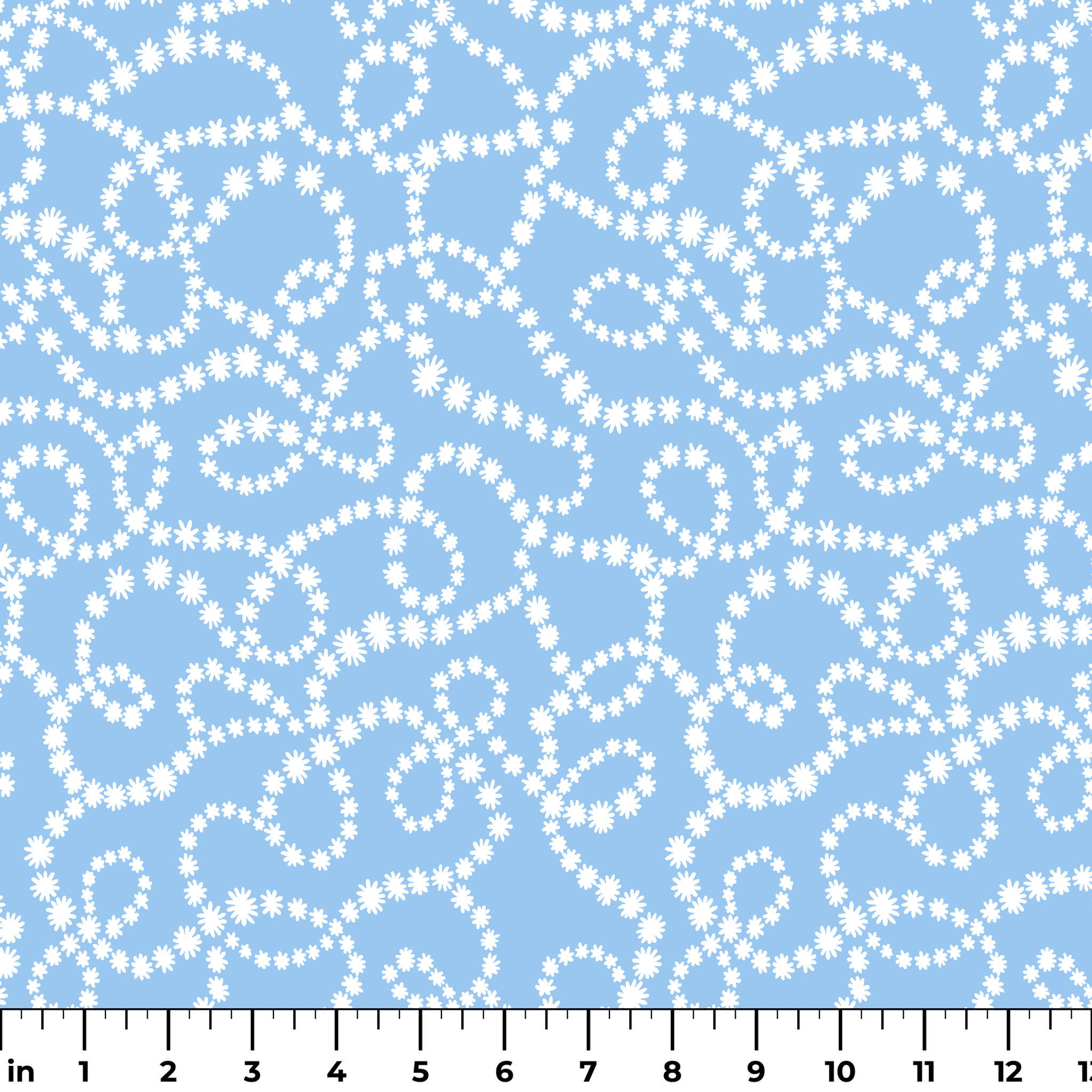 Pale blue background with white dotted swirling pattern resembling strings of pearls or bubbles in abstract curves ruler