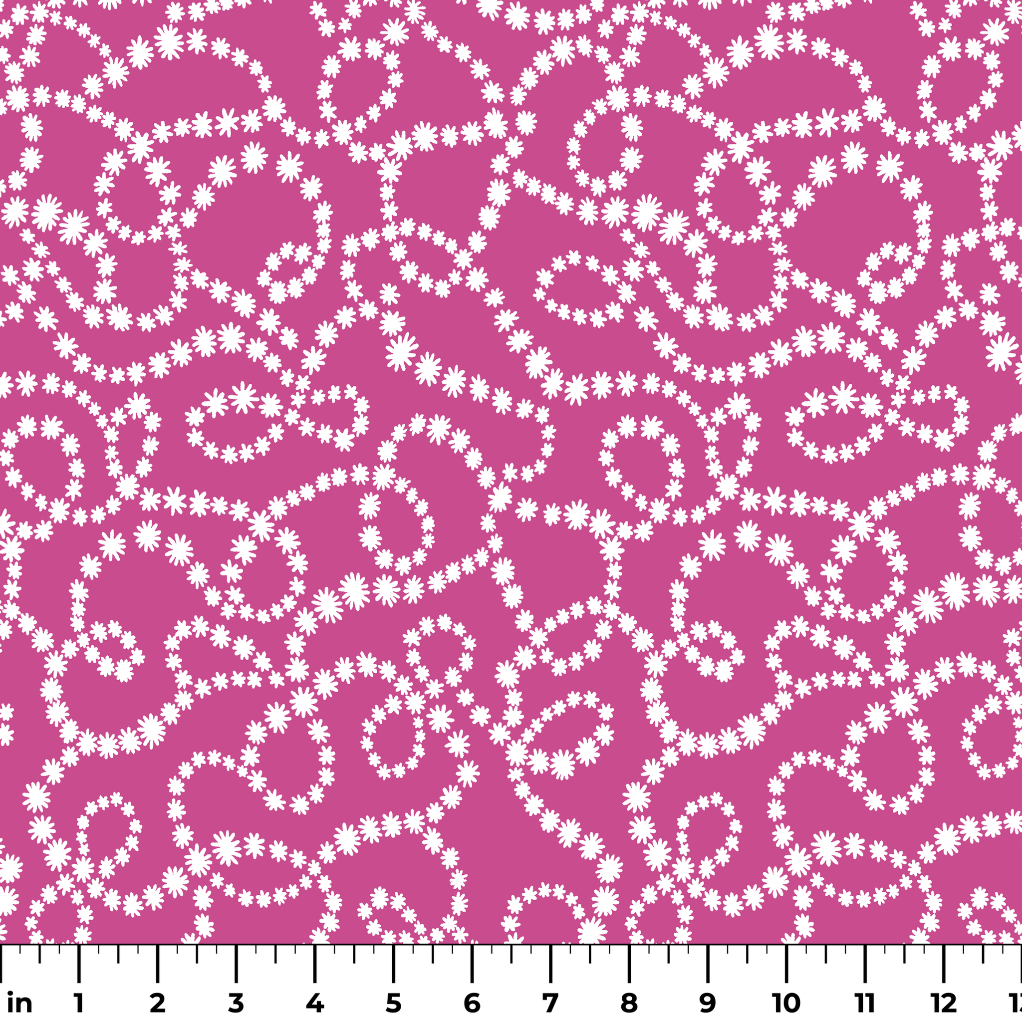 Magenta background with swirling white dotted pattern resembling pearl strands in decorative loops ruler