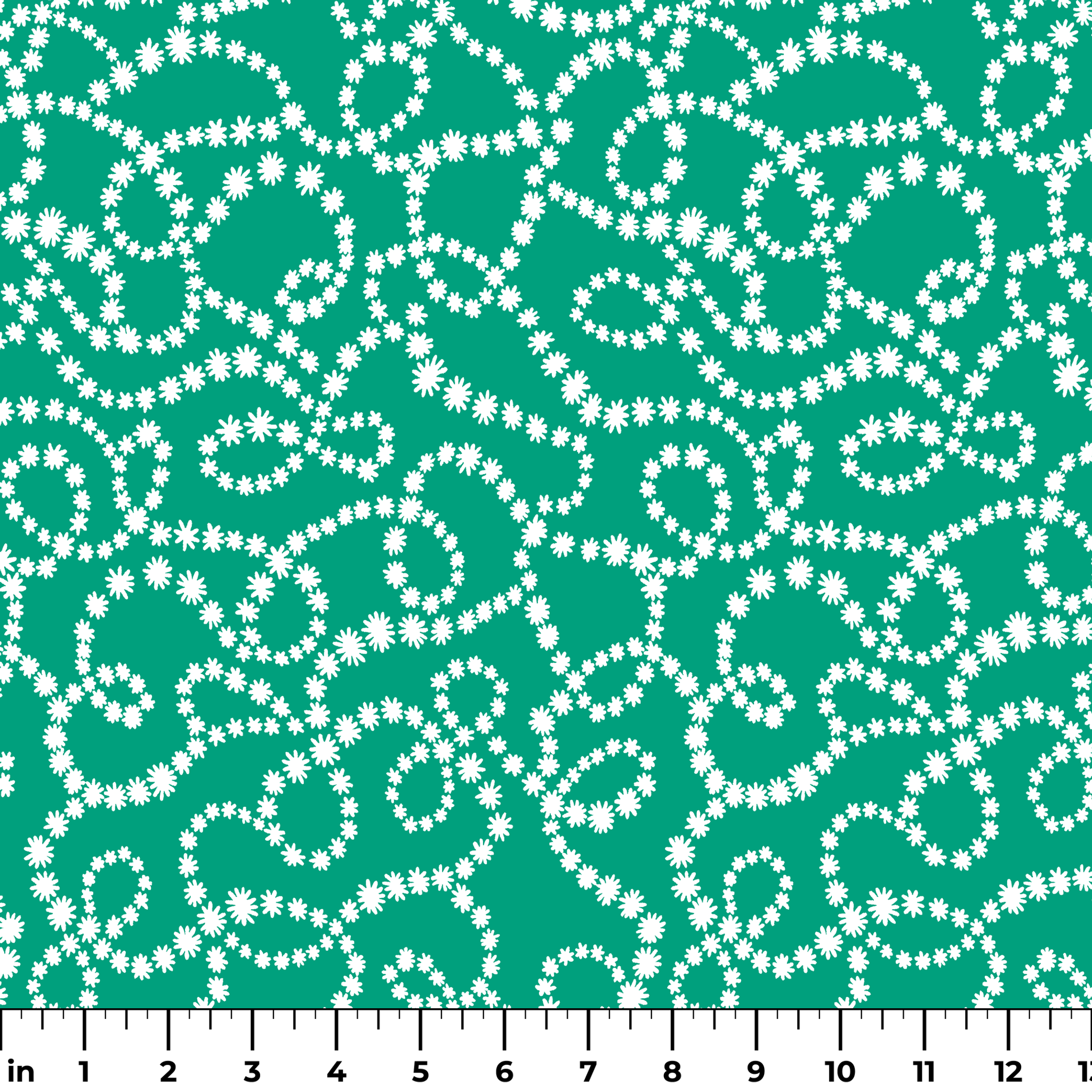 White dotted swirling patterns on green background forming abstract curving lines ruler
