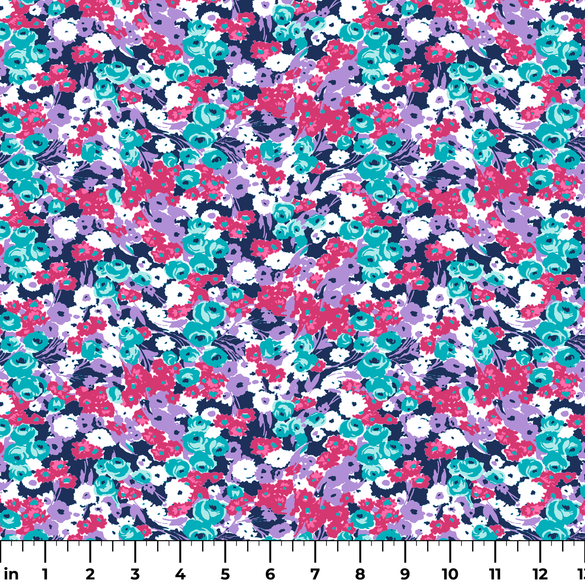Vibrant floral pattern with pink, white, purple, and turquoise flowers on dark indigo background ruler