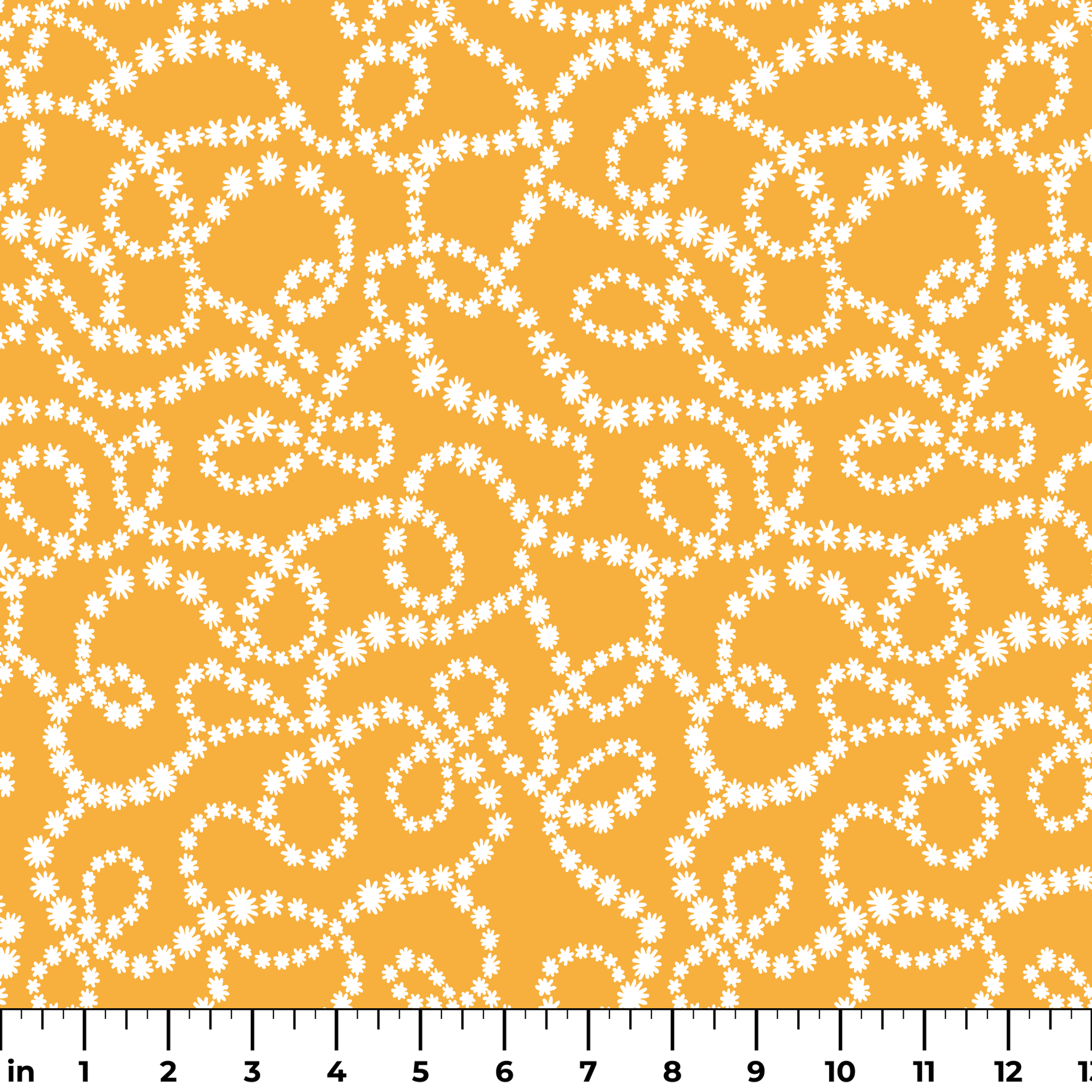 Mustard yellow background with swirling dotted white patterns forming organic circular designs ruler