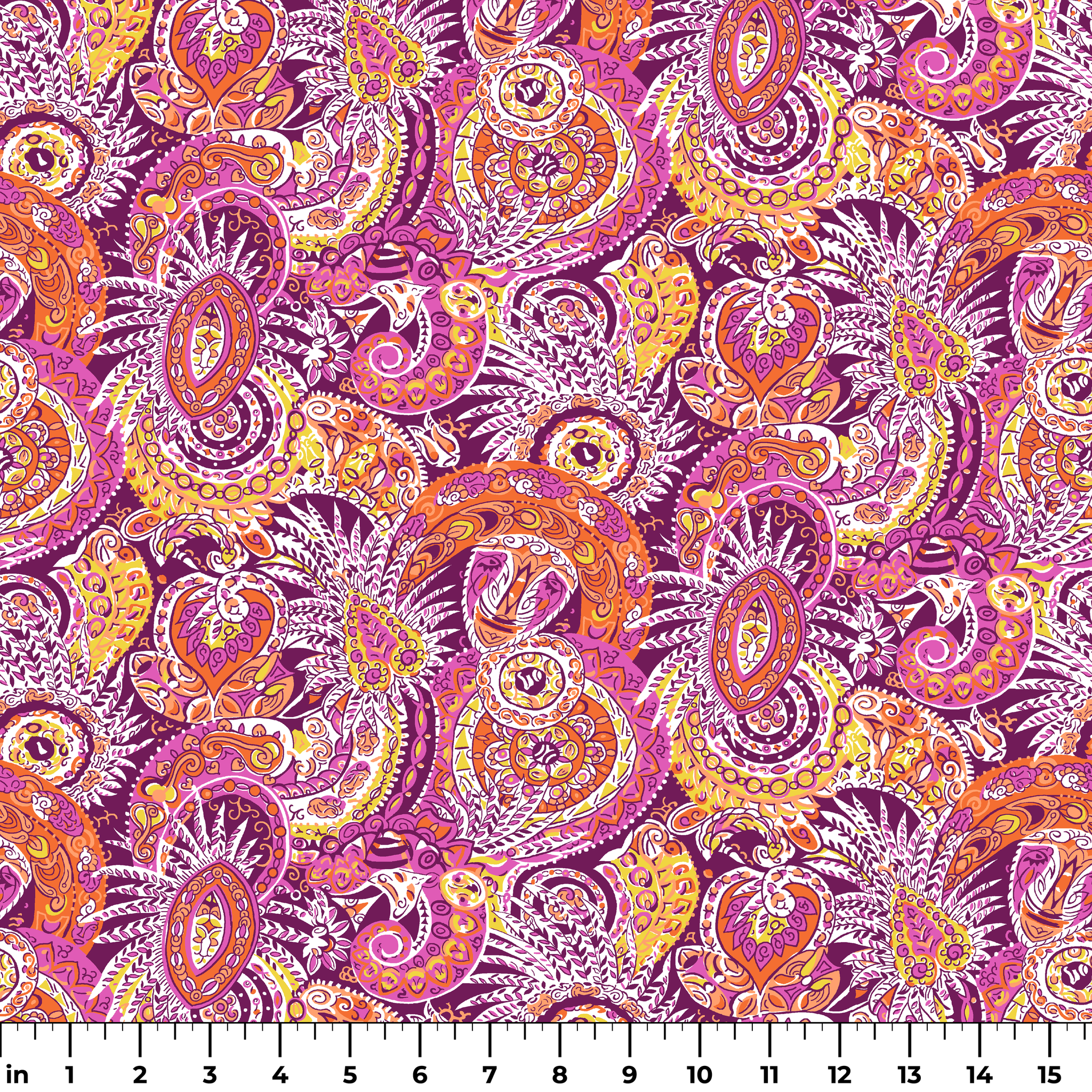Vibrant paisley pattern with swirling shapes in purple, orange, pink, and yellow tones ruler
