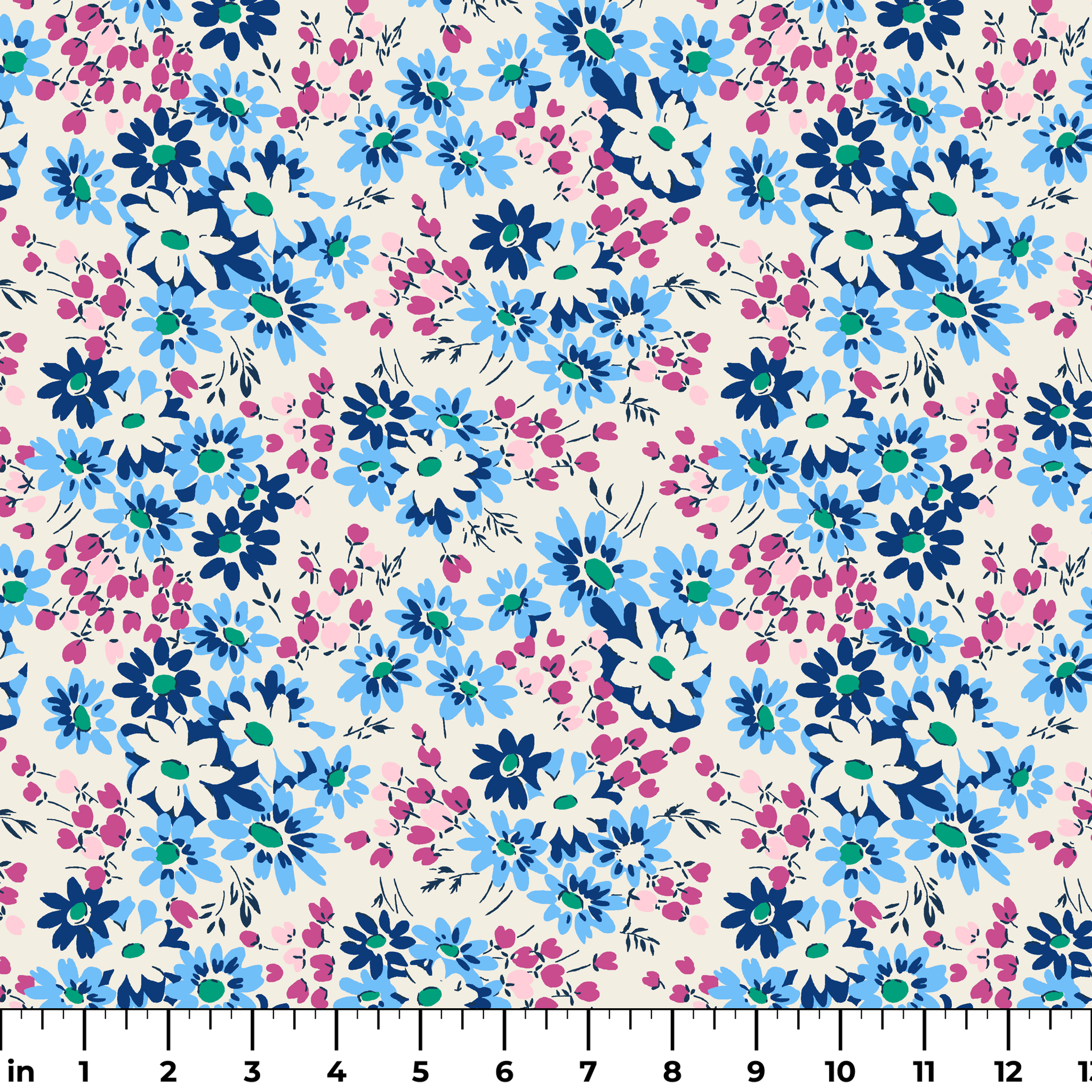 Floral pattern with blue, navy, and white daisies alongside small magenta berries on cream background ruler