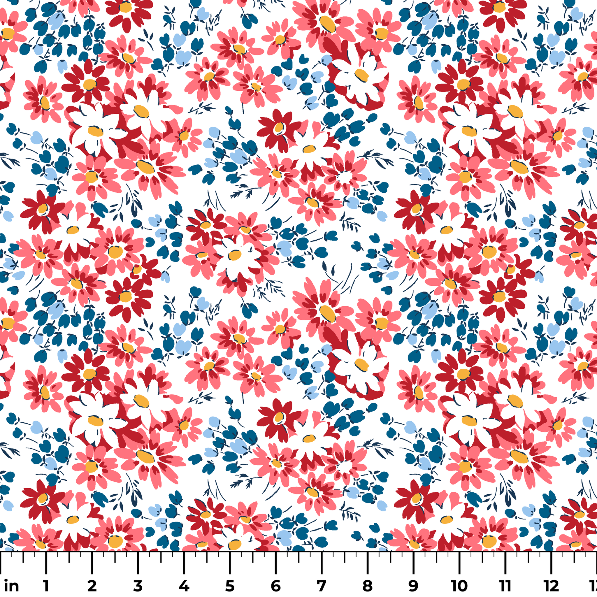 Colorful floral pattern with coral, red, and white daisies with yellow centers and teal leaves ruler