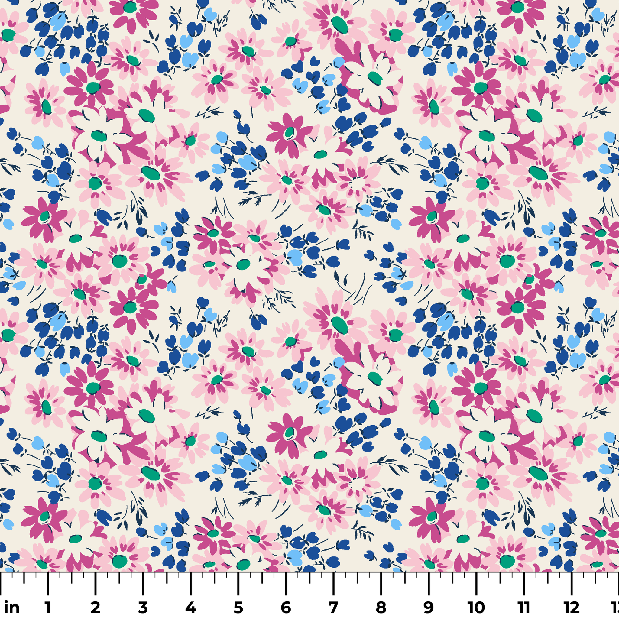 Colorful floral pattern with pink and magenta daisies, blue berries, and green accents on cream background ruler