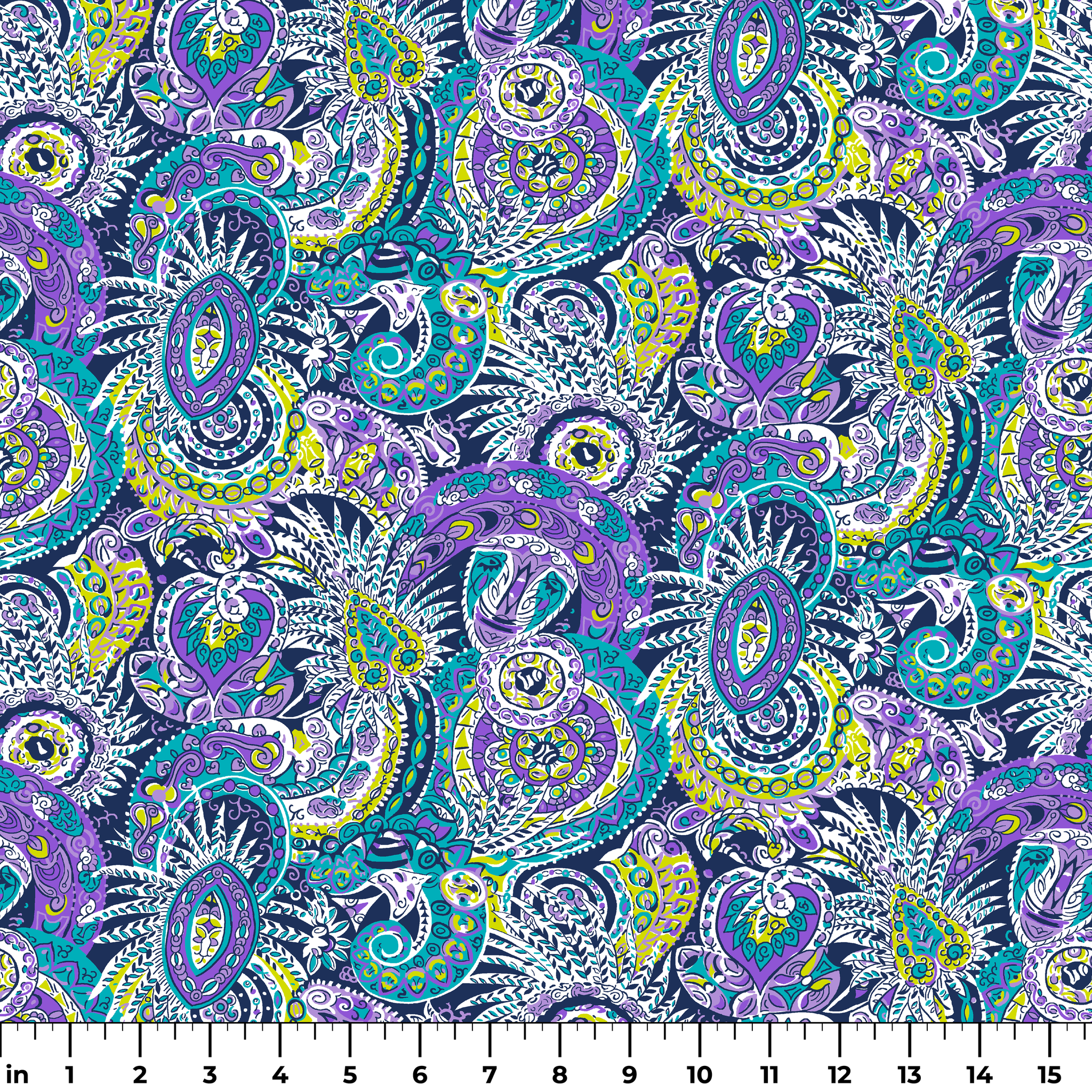 Vibrant paisley pattern with swirling designs in purple, blue, yellow, and white ruler