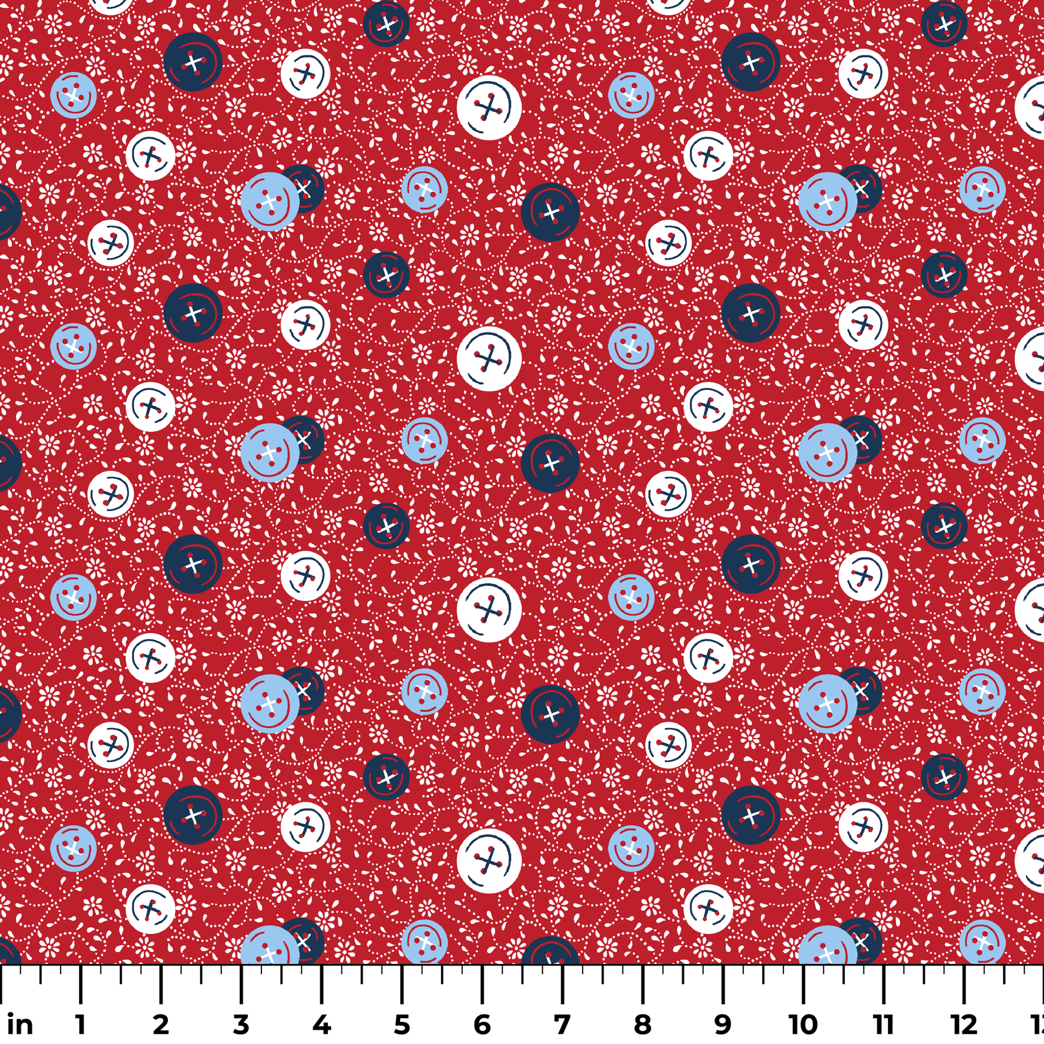Red background with small white floral pattern featuring scattered button designs in blue, white, and navy cross details ruler