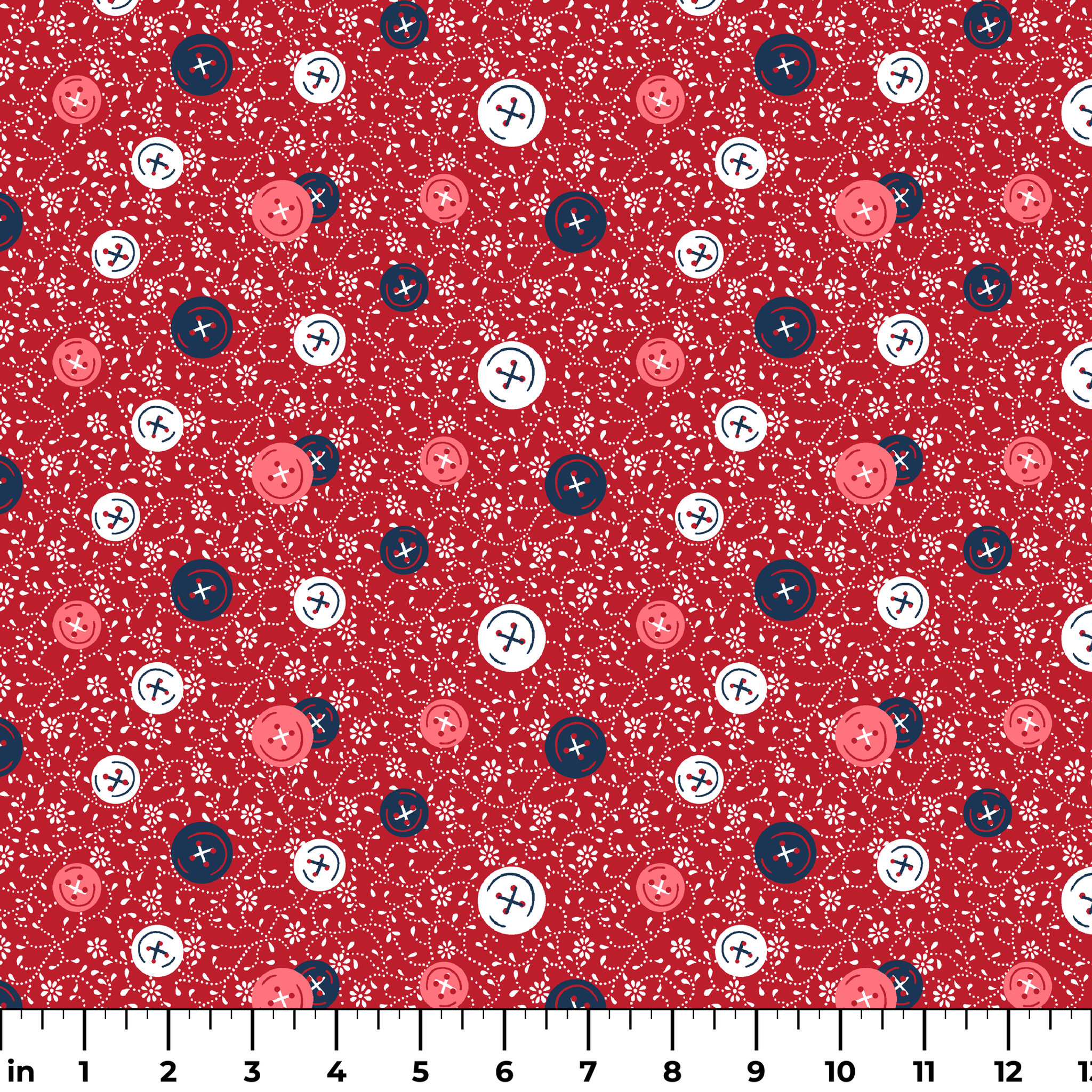 Red background with scattered buttons in white, blue, and coral colors featuring sewing motifs and small floral patterns ruler
