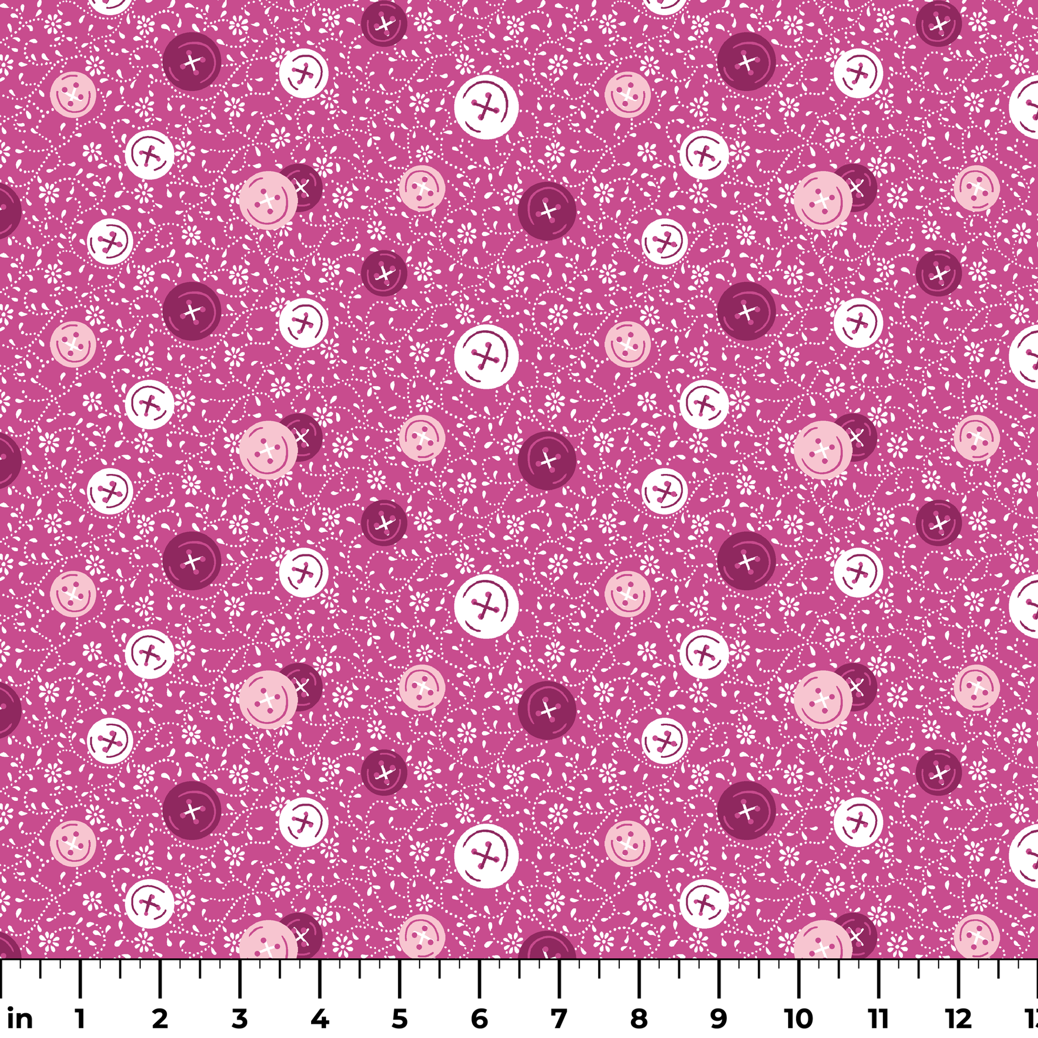 Magenta background with white floral pattern and buttons scattered throughout ruler