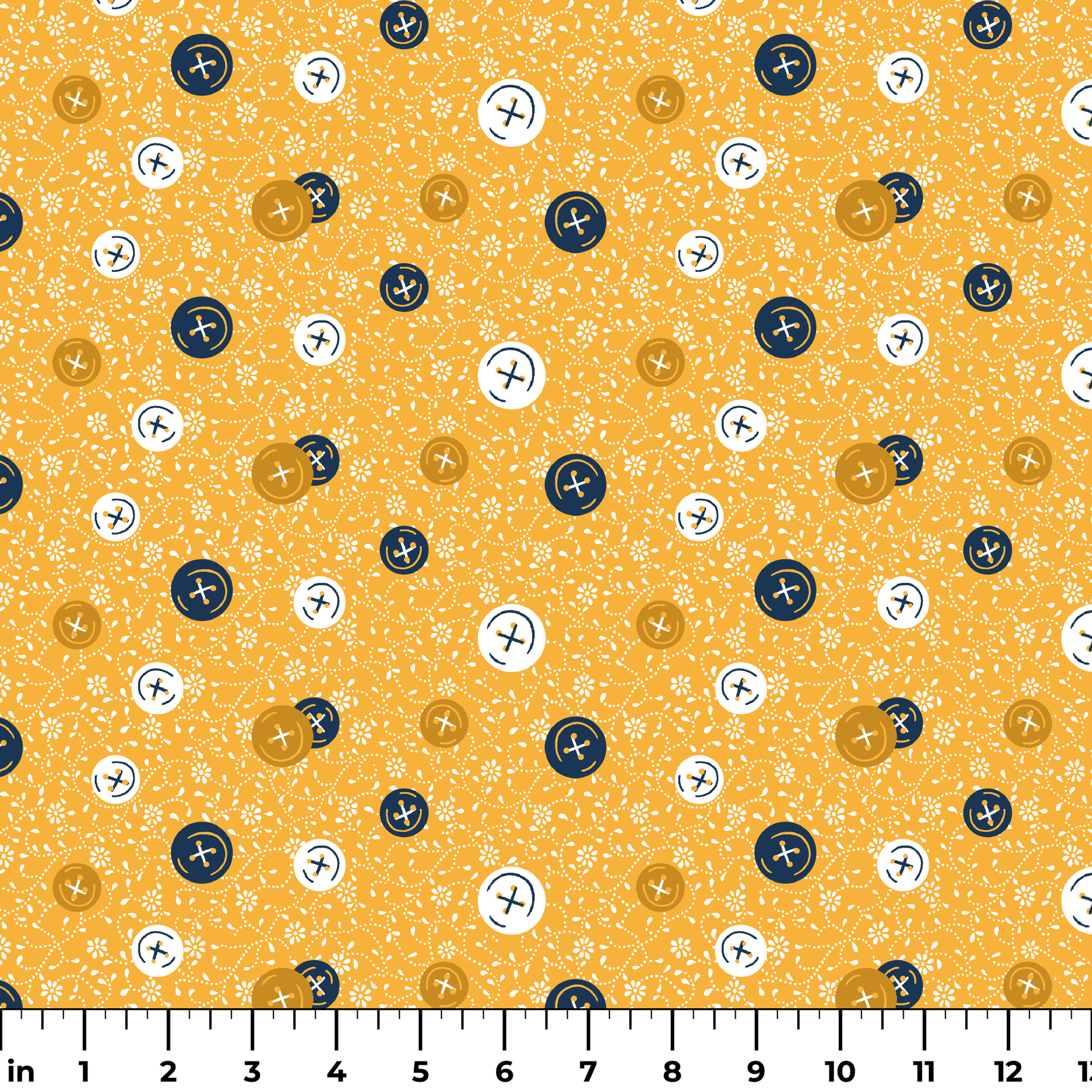 Circular buttons with cross symbols in gold, navy, and white scattered on a gold floral background ruler