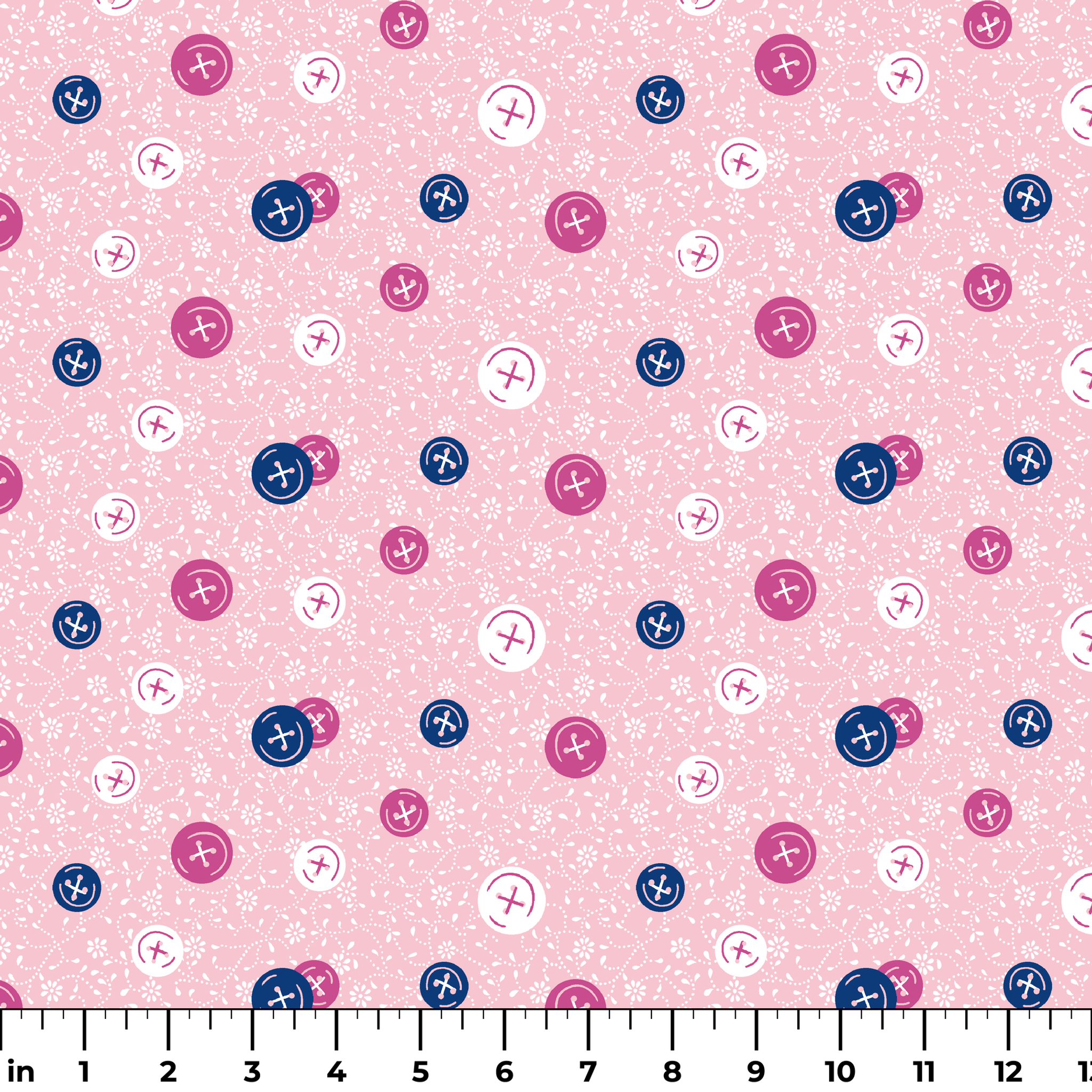Scattered buttons in white, pink, and navy on a light pink floral background ruler