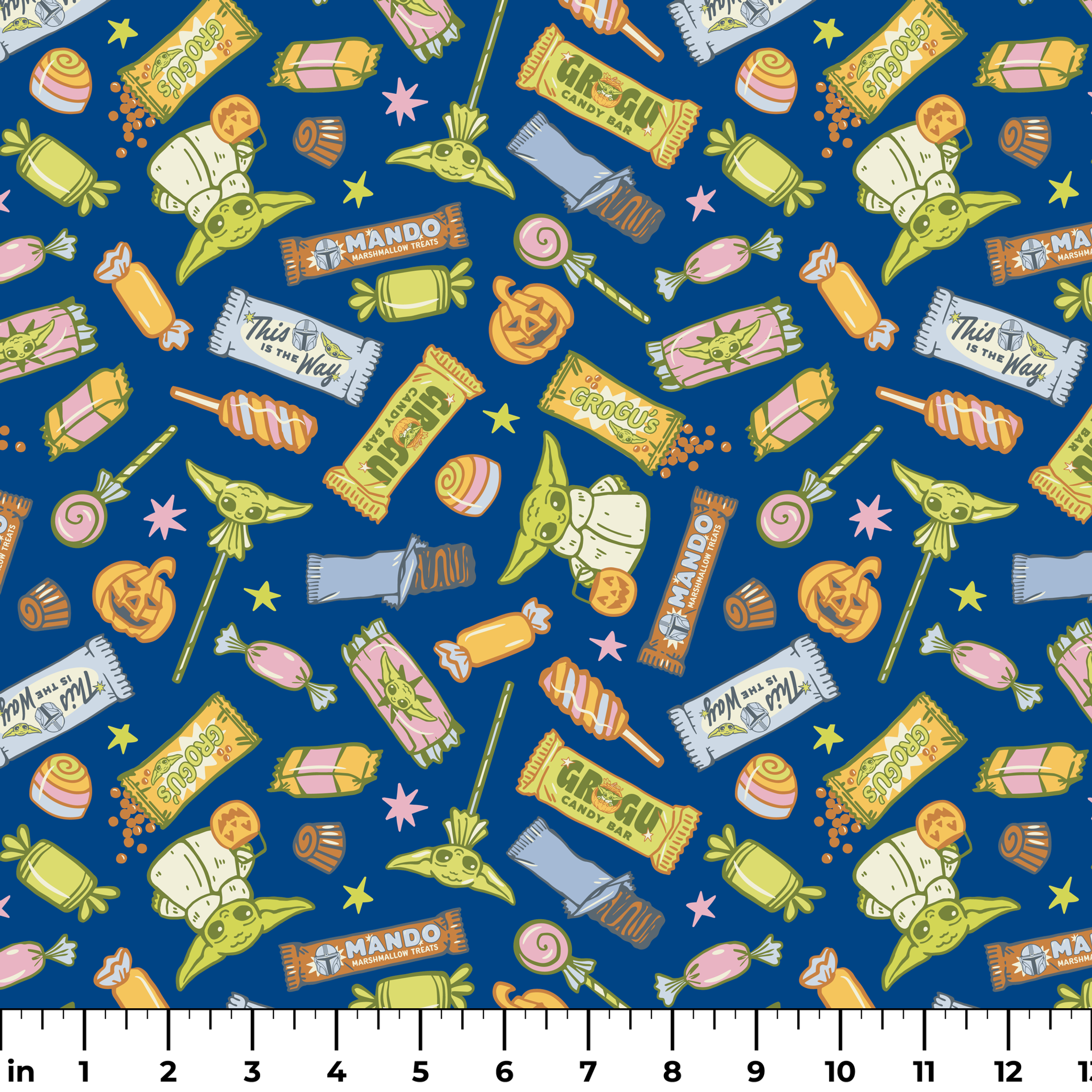 Colorful candy pattern with wrapped sweets, lollipops, and treats on dark blue background ruler