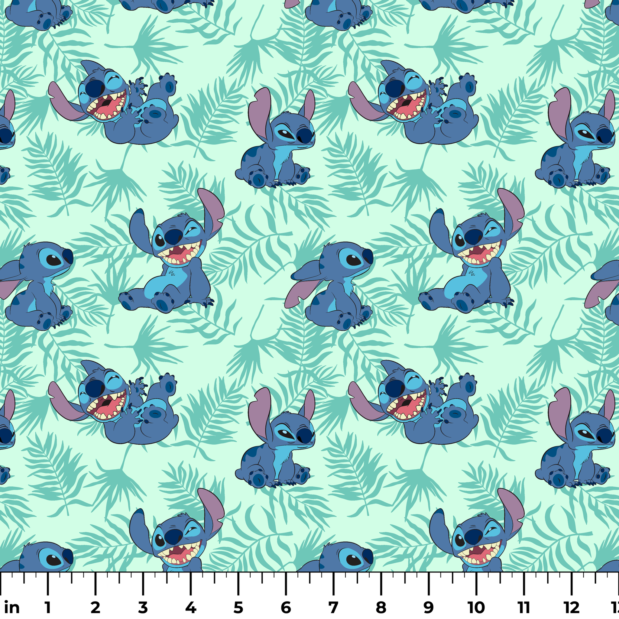 Blue cartoon alien character Stitch in various playful poses against mint green tropical leaf pattern background ruler