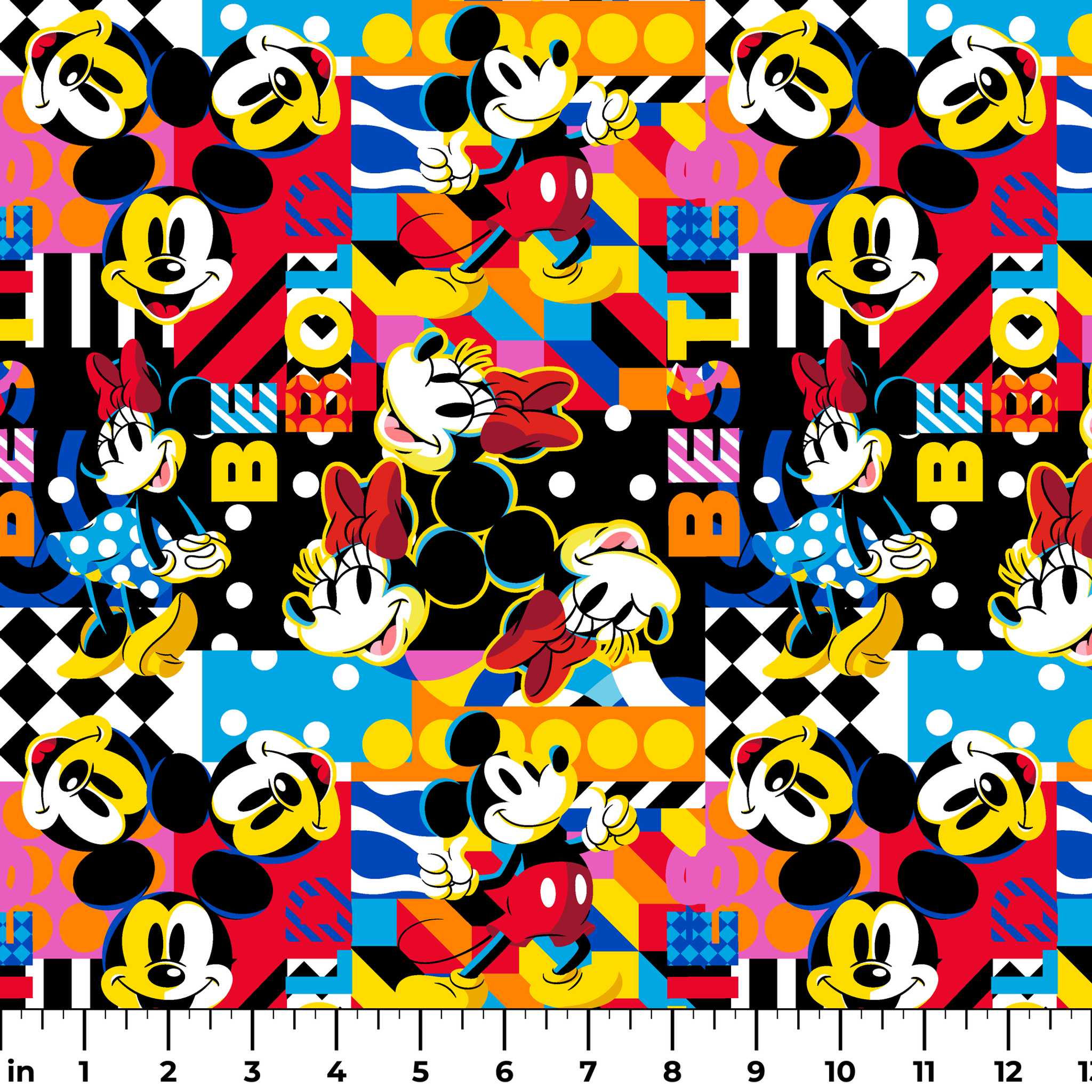 Vibrant pop art collage of Mickey Mouse in various poses against colorful geometric patterns and backgrounds ruler